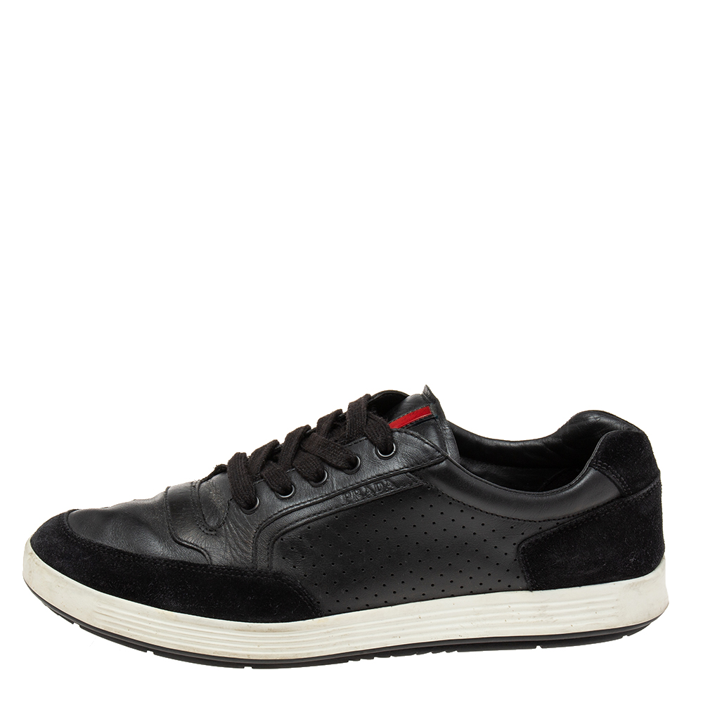 

Prada Black Leather And Suede Lace Up Sneakers Size