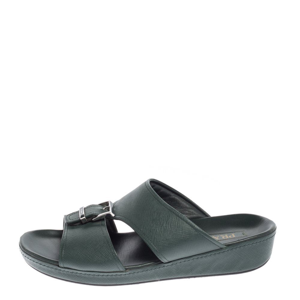 

Prada Green Saffiano Leather Flat Slide Sandals Size