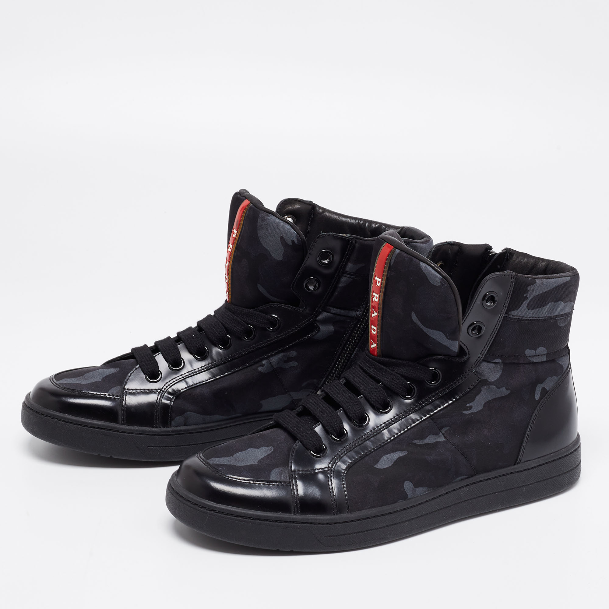 

Prada Tricolor Leather And Fabric Camouflage High Top Sneakers Size, Black