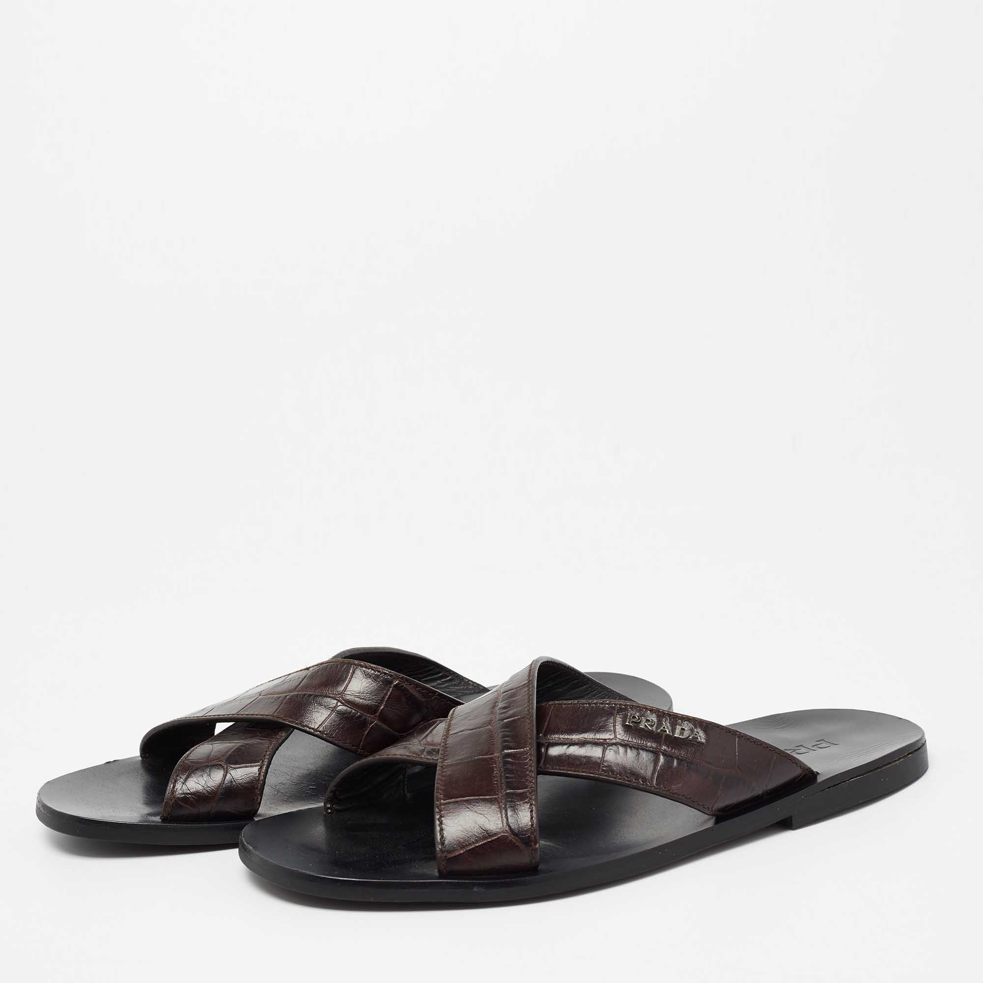 

Prada Brown Croc Embossed Leather Crisscross Flat Sandals Size