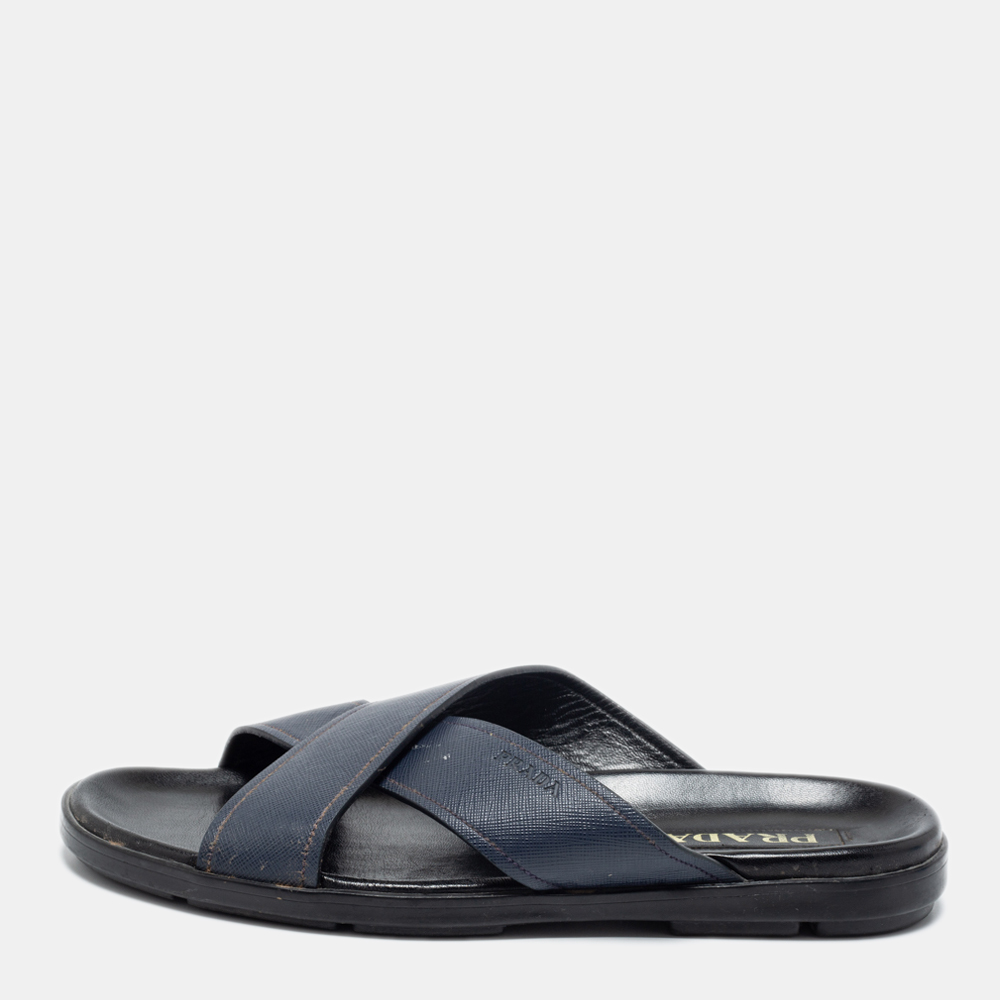Prada Navy Blue Saffiano Leather Criss Cross Flat Slide Sandals Size 42.5