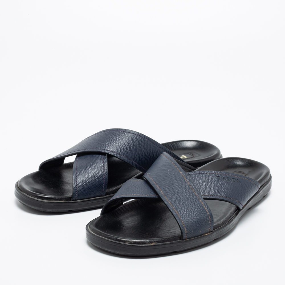 

Prada Navy Blue Saffiano Leather Criss Cross Flat Slide Sandals Size