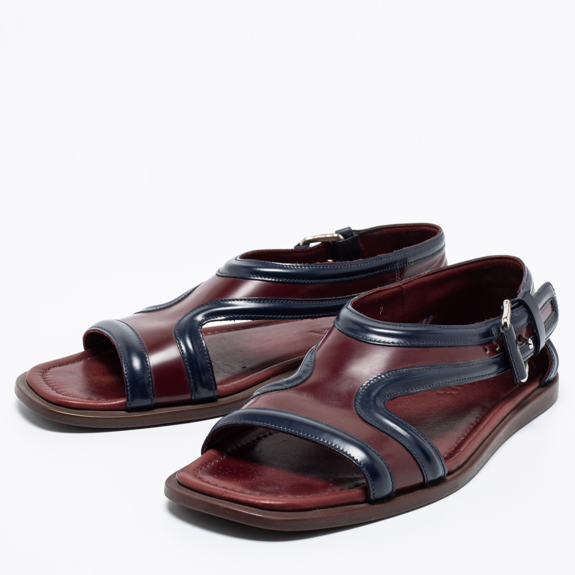 

Prada Burgundy/Navy Blue Leather Slide Sandals Size