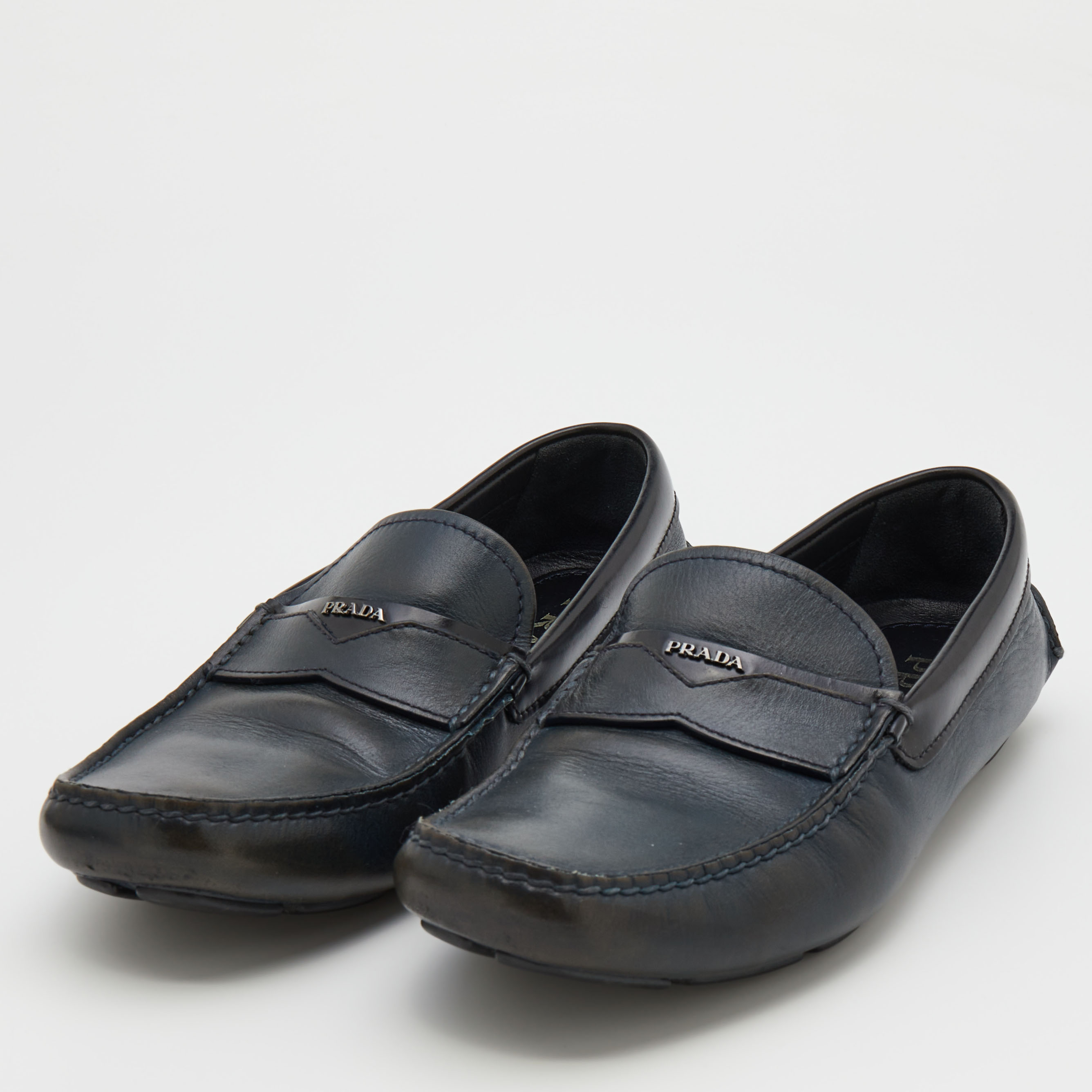 

Prada Blue/Black Leather Logo Embellished Slip On Loafers Size