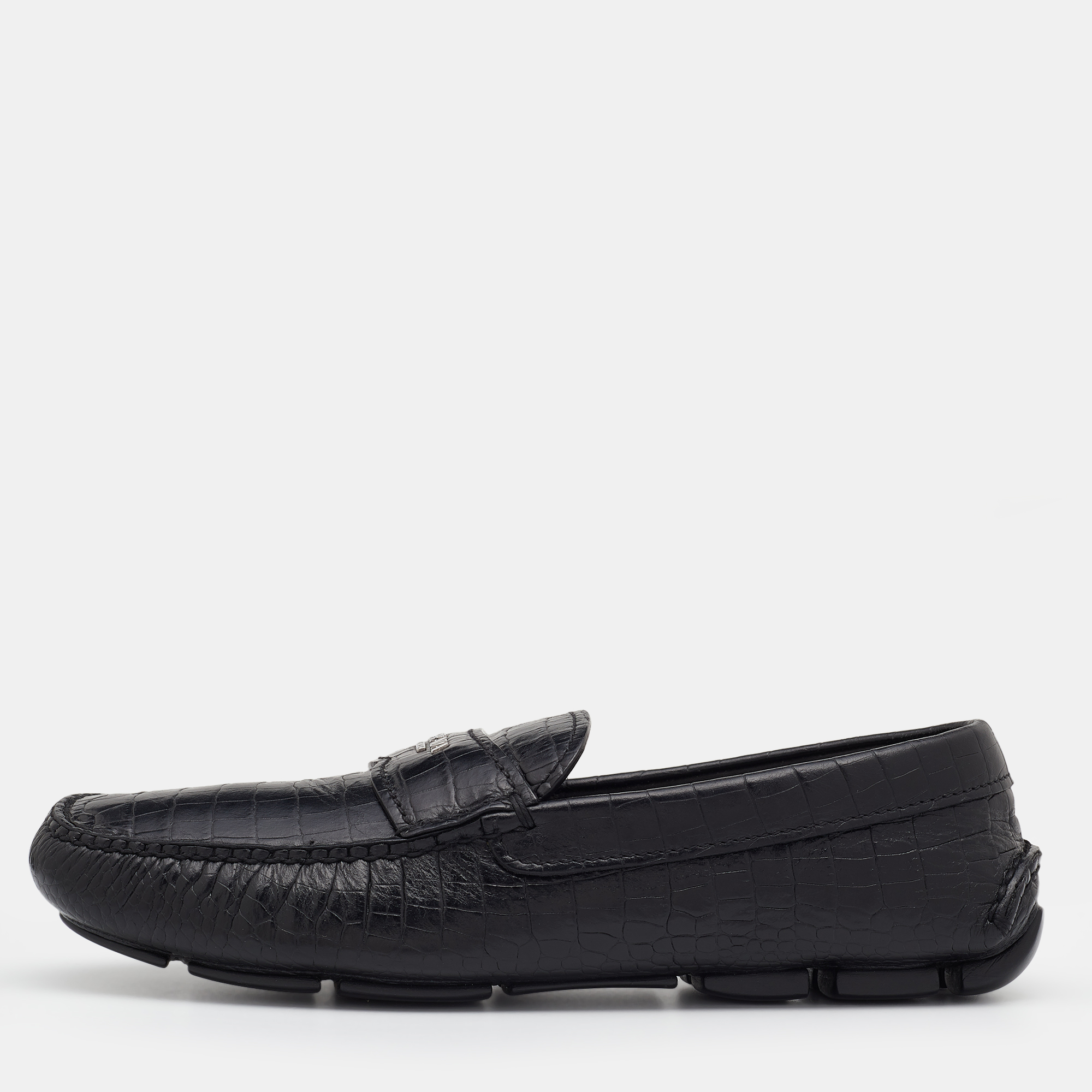 Pre-owned Prada Black Croc Embossed Leather Penny Slip On Loafers Size 39.5