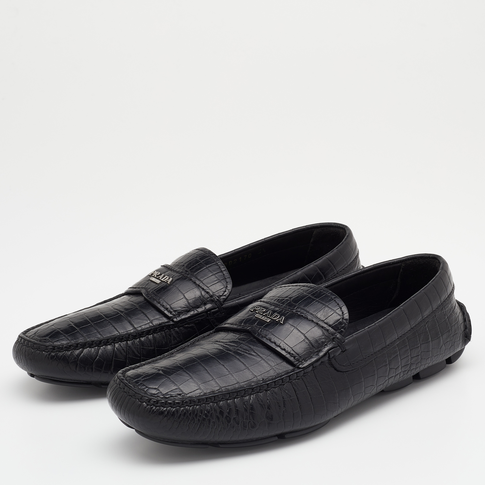 

Prada Black Croc Embossed Leather Penny Slip On Loafers Size
