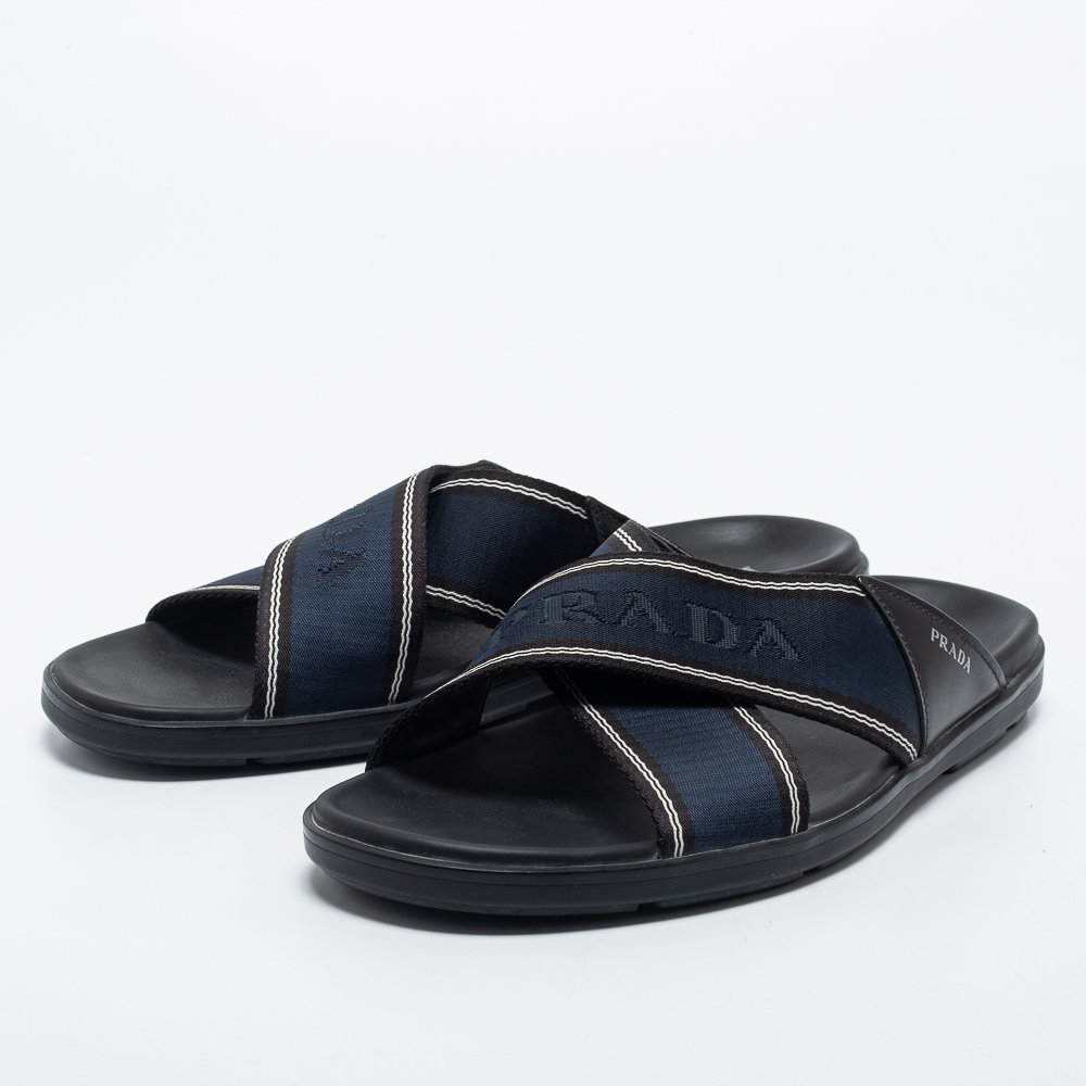 

Prada Blue/Black Leather And Canvas Criss Cross Flat Slide Sandals Size