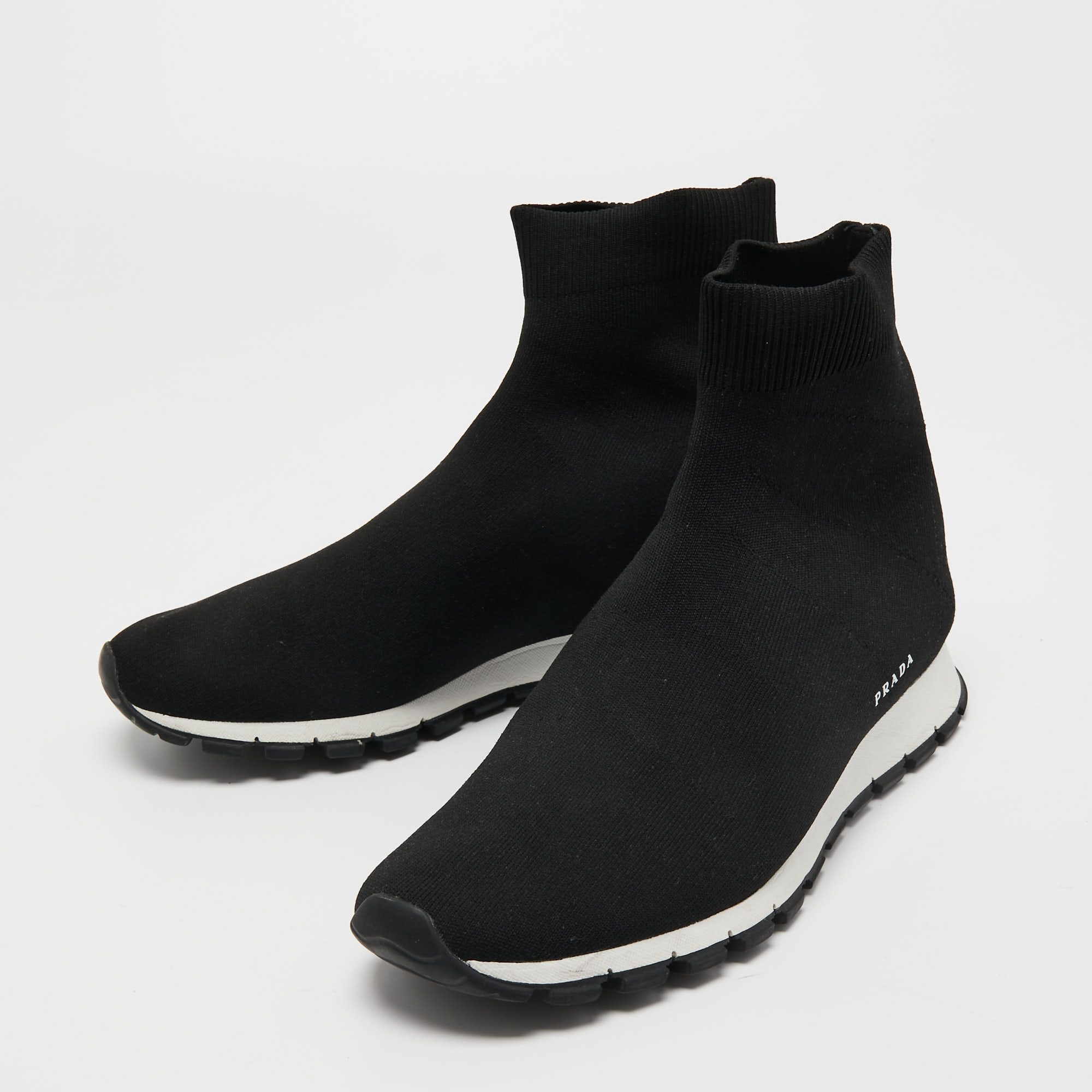 

Prada Black Knit Fabric Logo Sock Runner High Top Sneakers Size