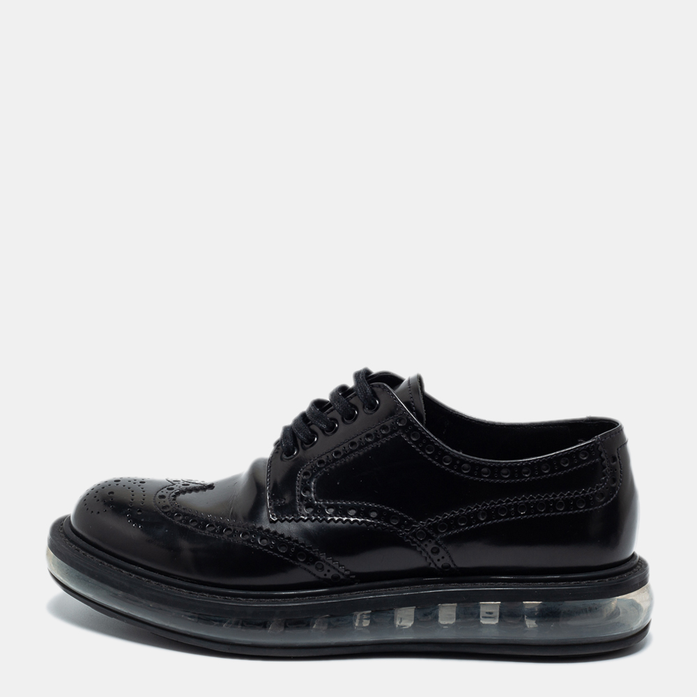 Pre-owned Prada Black Brogue Leather Lace Up Derby Size 39.5