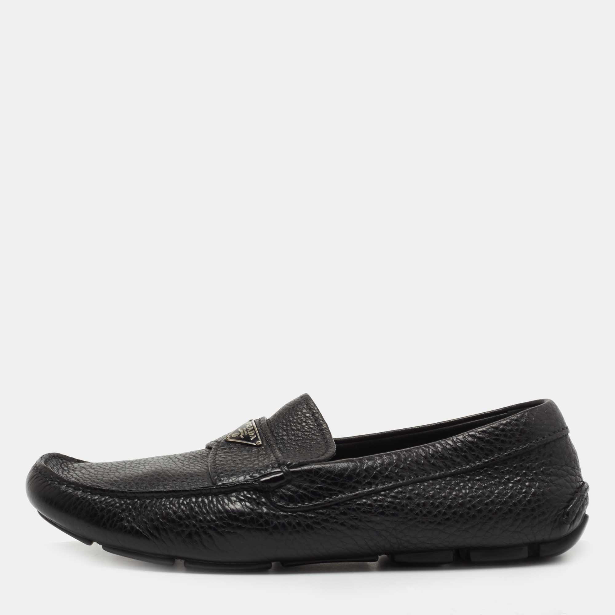 Pre-owned Prada Black Leather Slip On Loafers Size 41.5