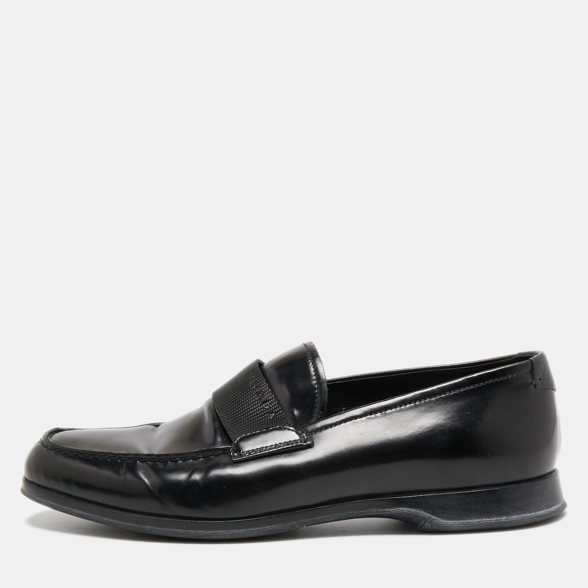 Pre-owned Prada Black Leather Slip On Loafers Size 40.5