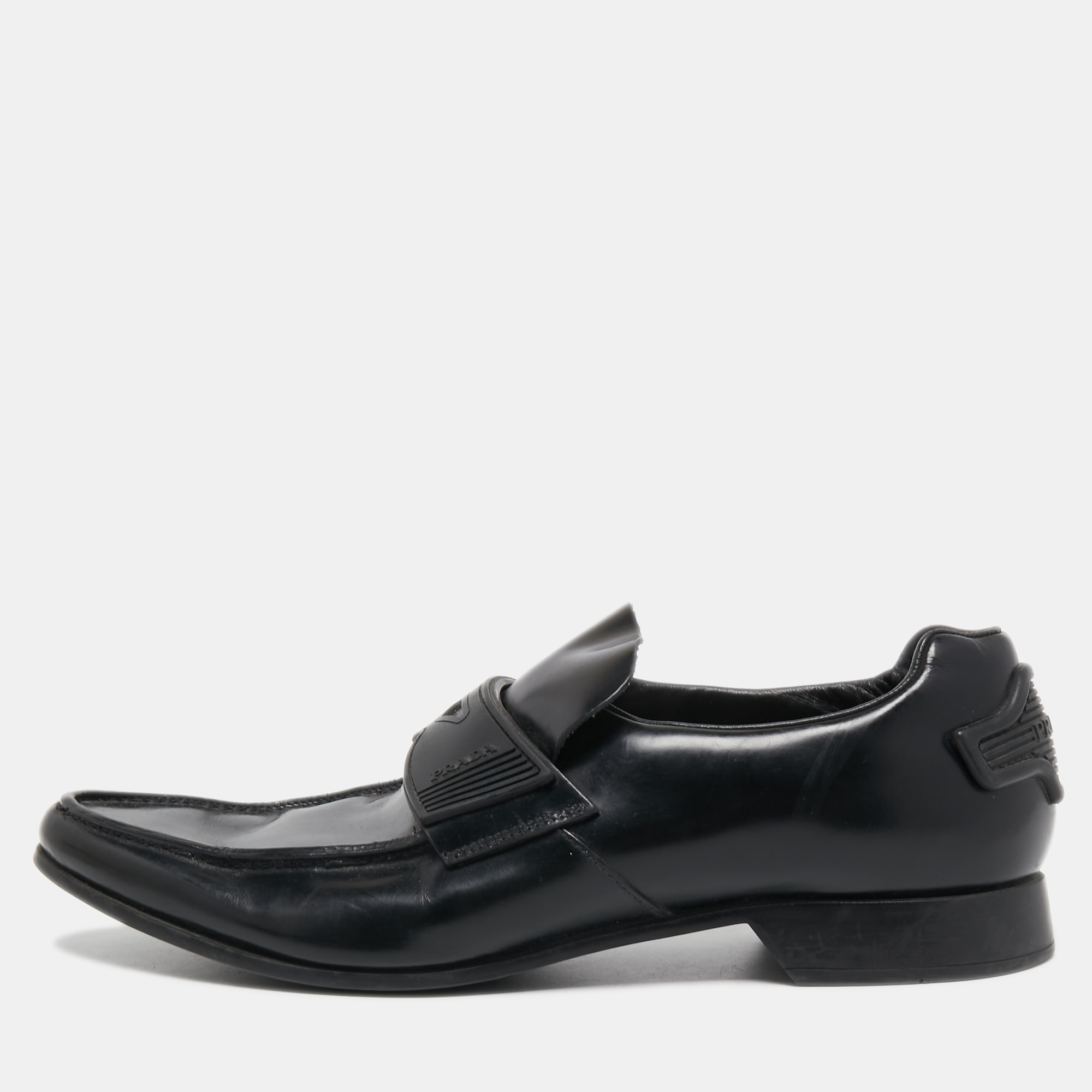 Pre-owned Prada Black Leather Slip On Loafers Size 40.5