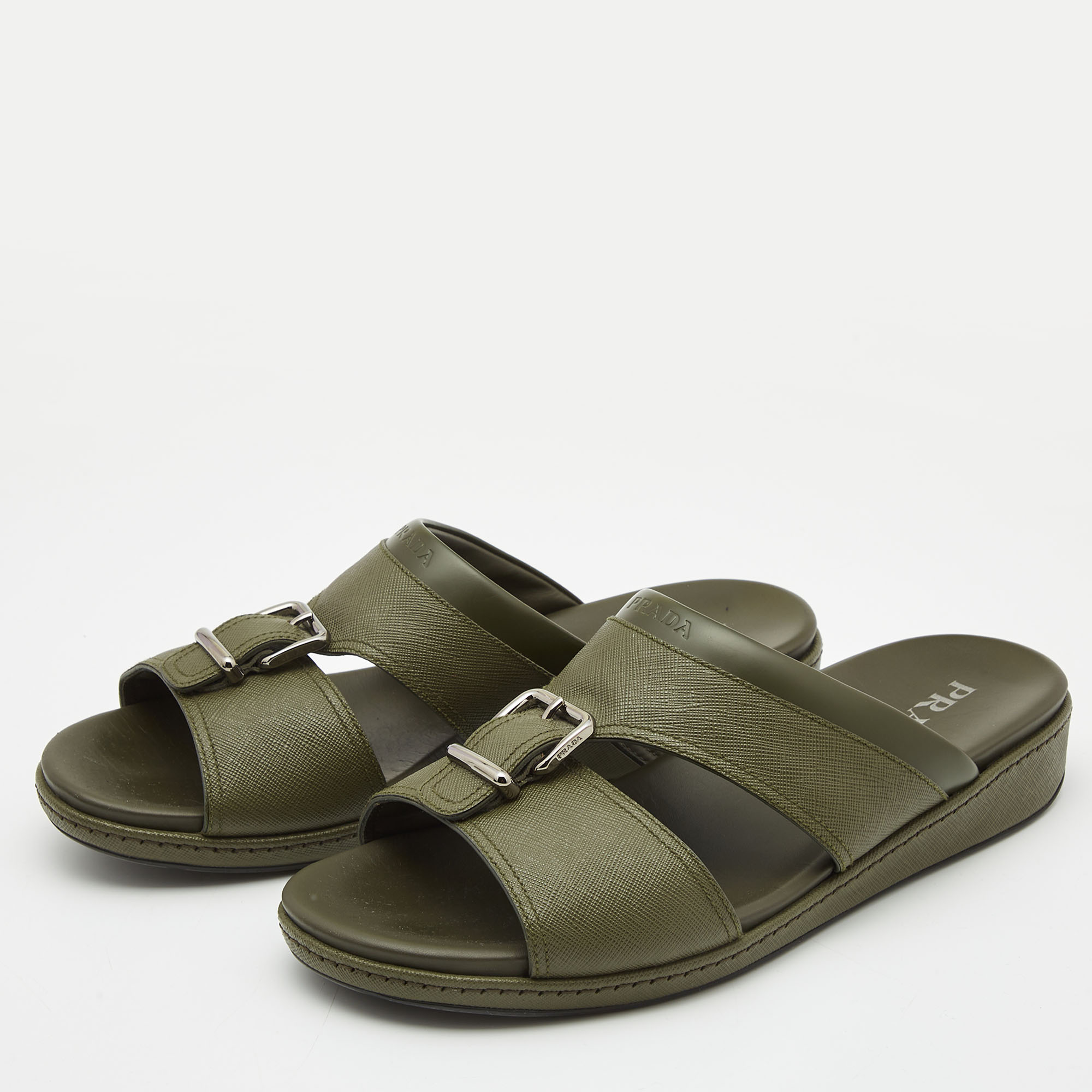 

Prada Olive Green Saffiano Leather Buckle Slide Slipper Size