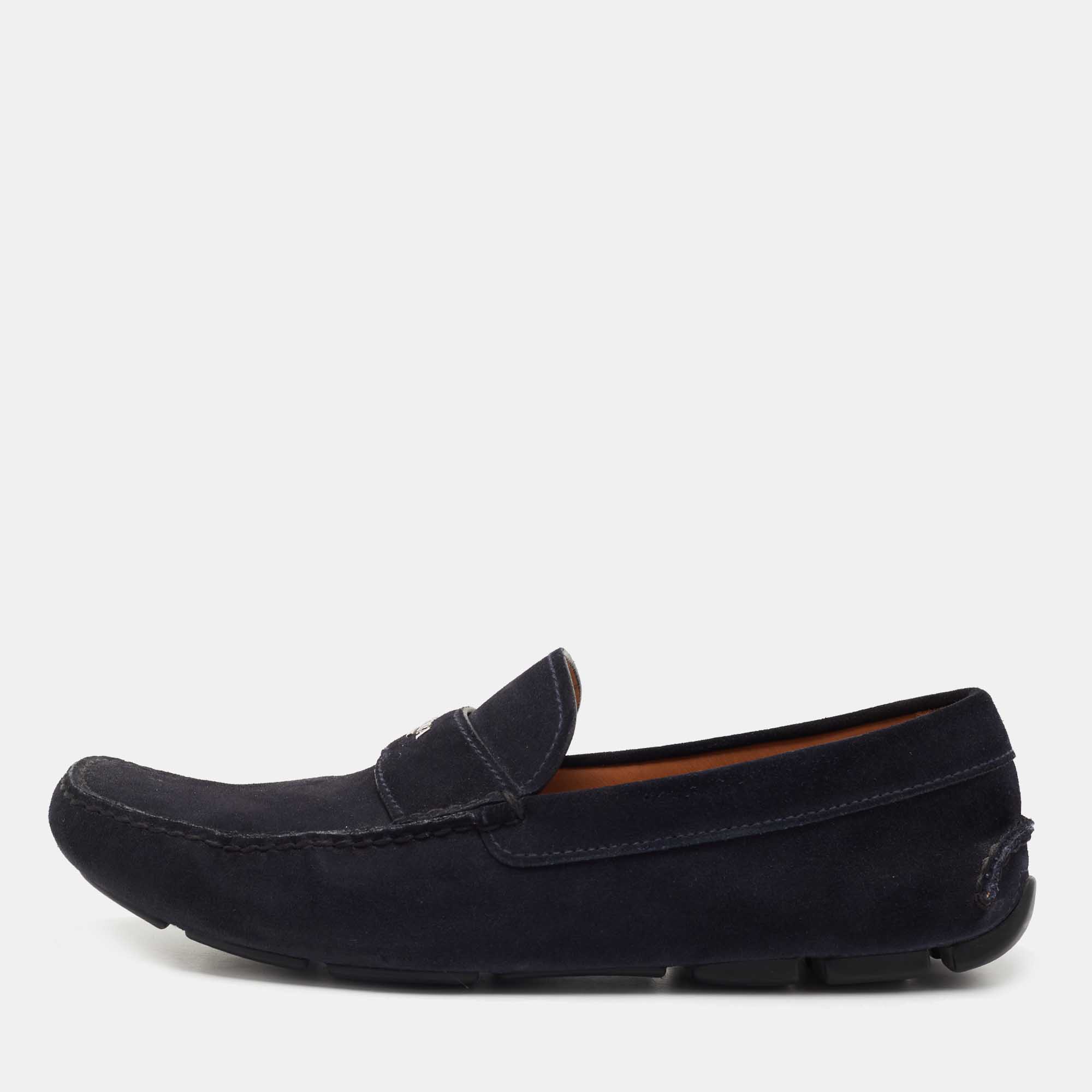 Pre-owned Prada Navy Blue Suede Slip On Loafers Size 44