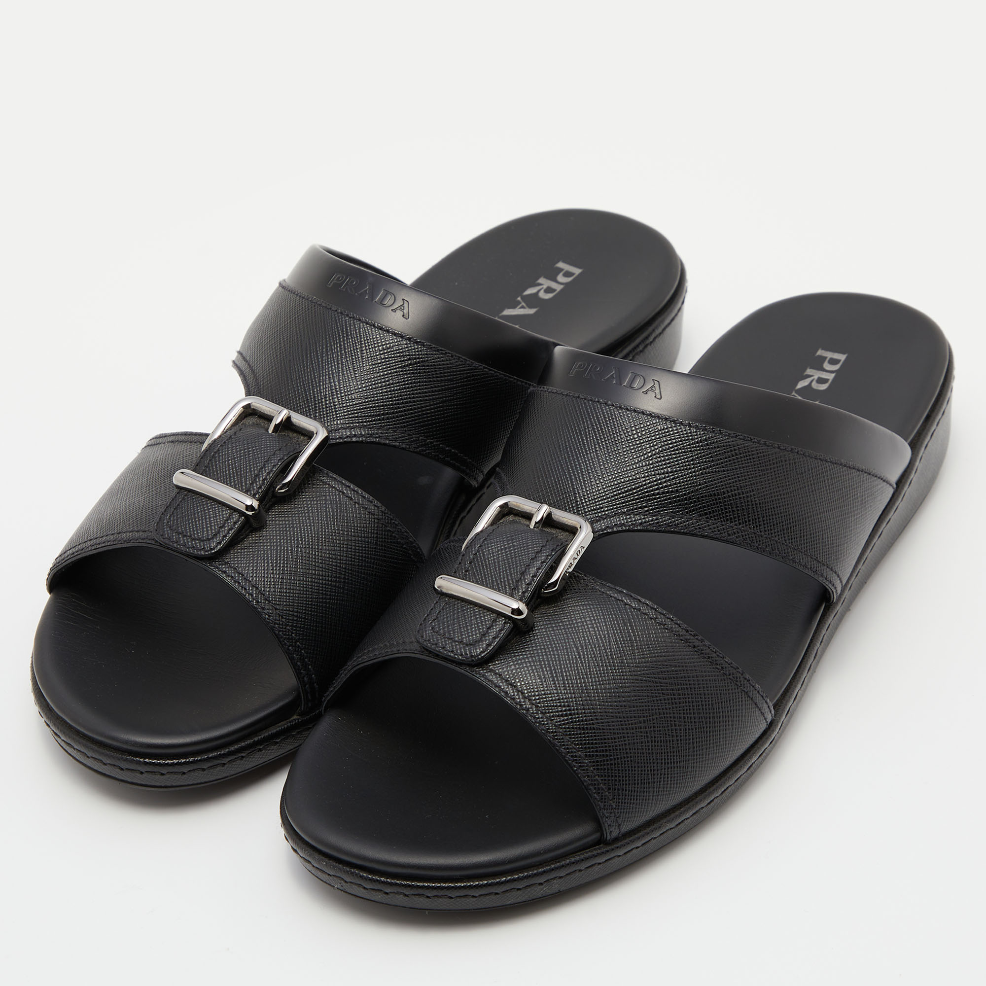 

Prada Black Saffiano Leather Buckle Slide Flat Sandals Size