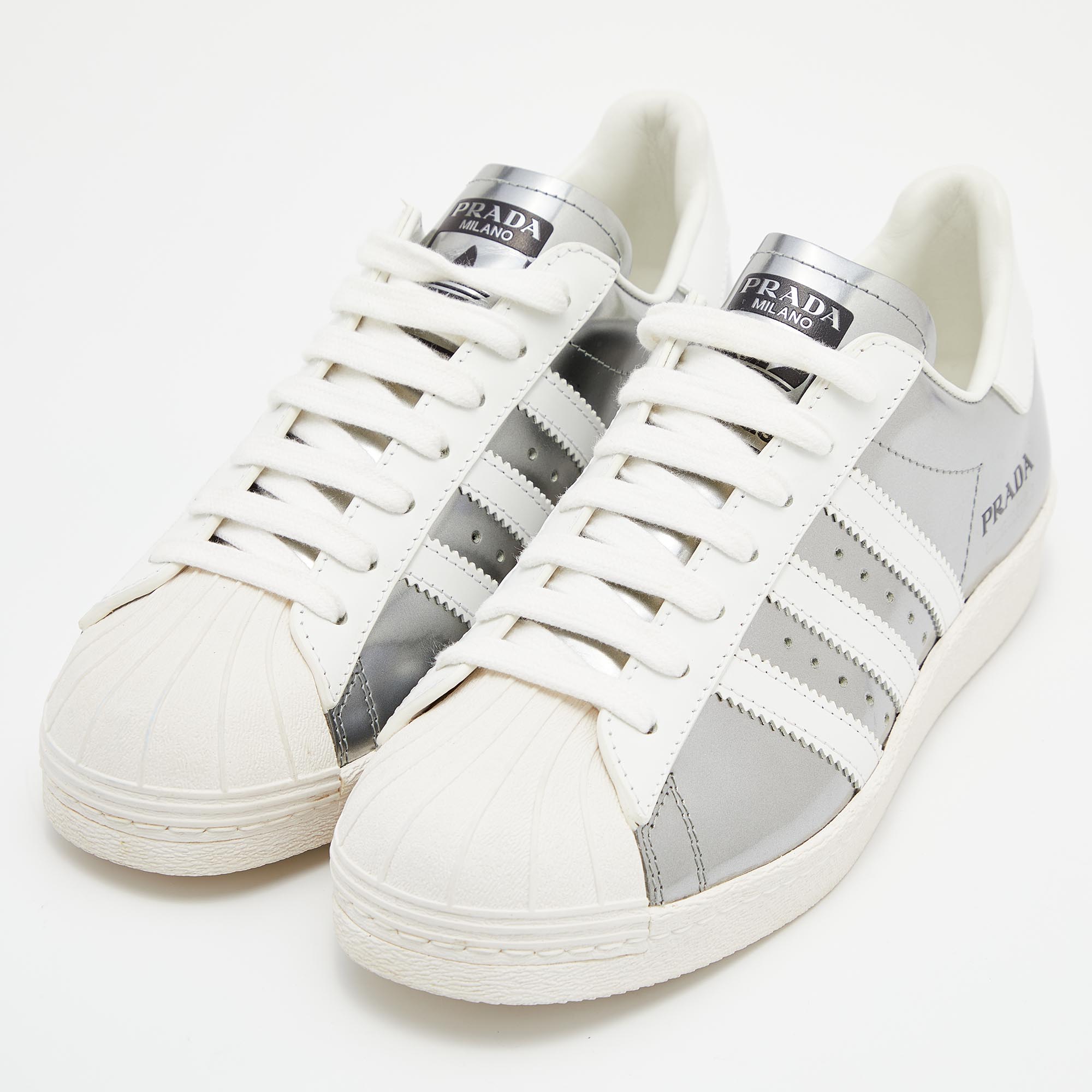 

Prada x Adidas White/Silver Leather Superstar Low Top Sneakers Size  1/3