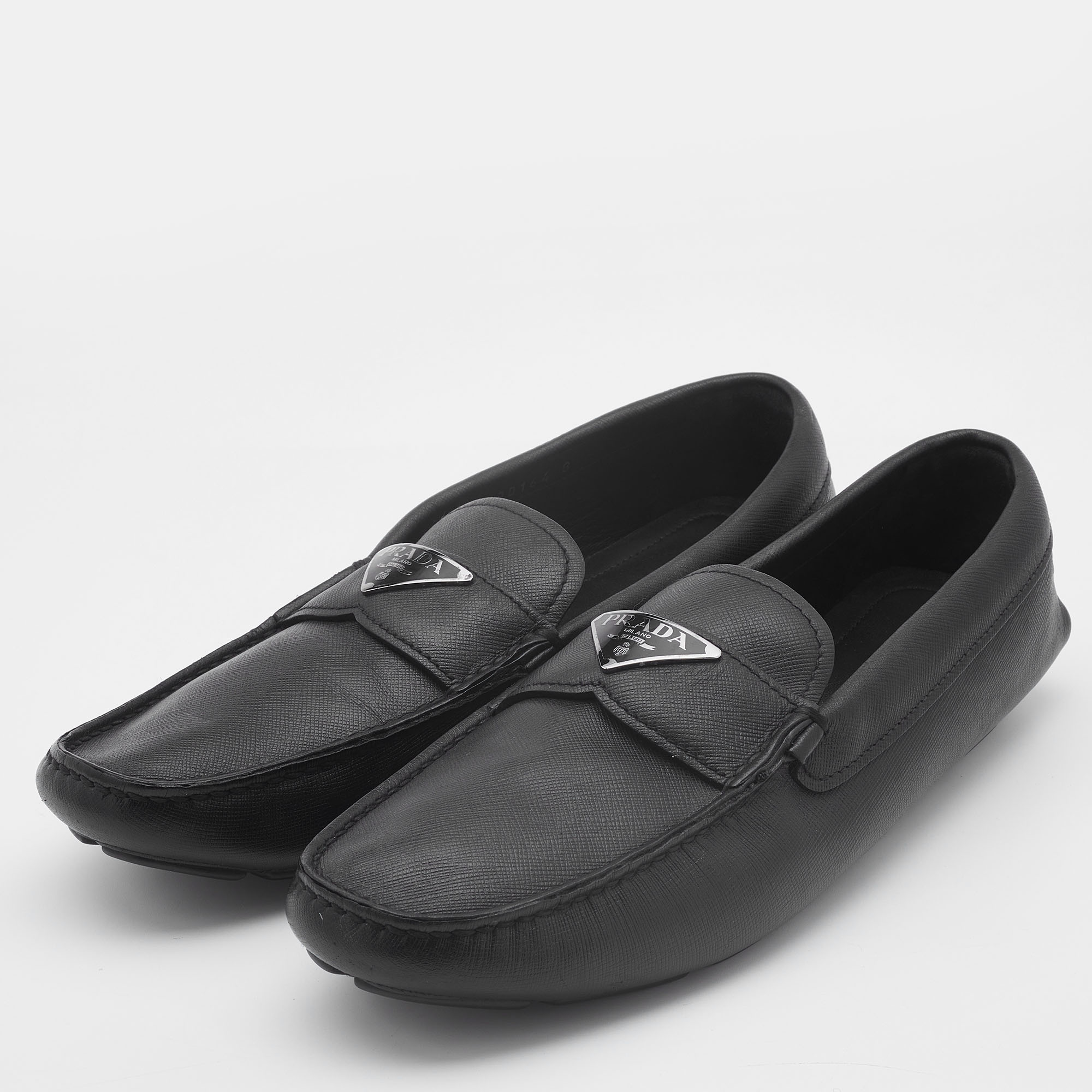 

Prada Black Leather Logo Slip On Loafers Size