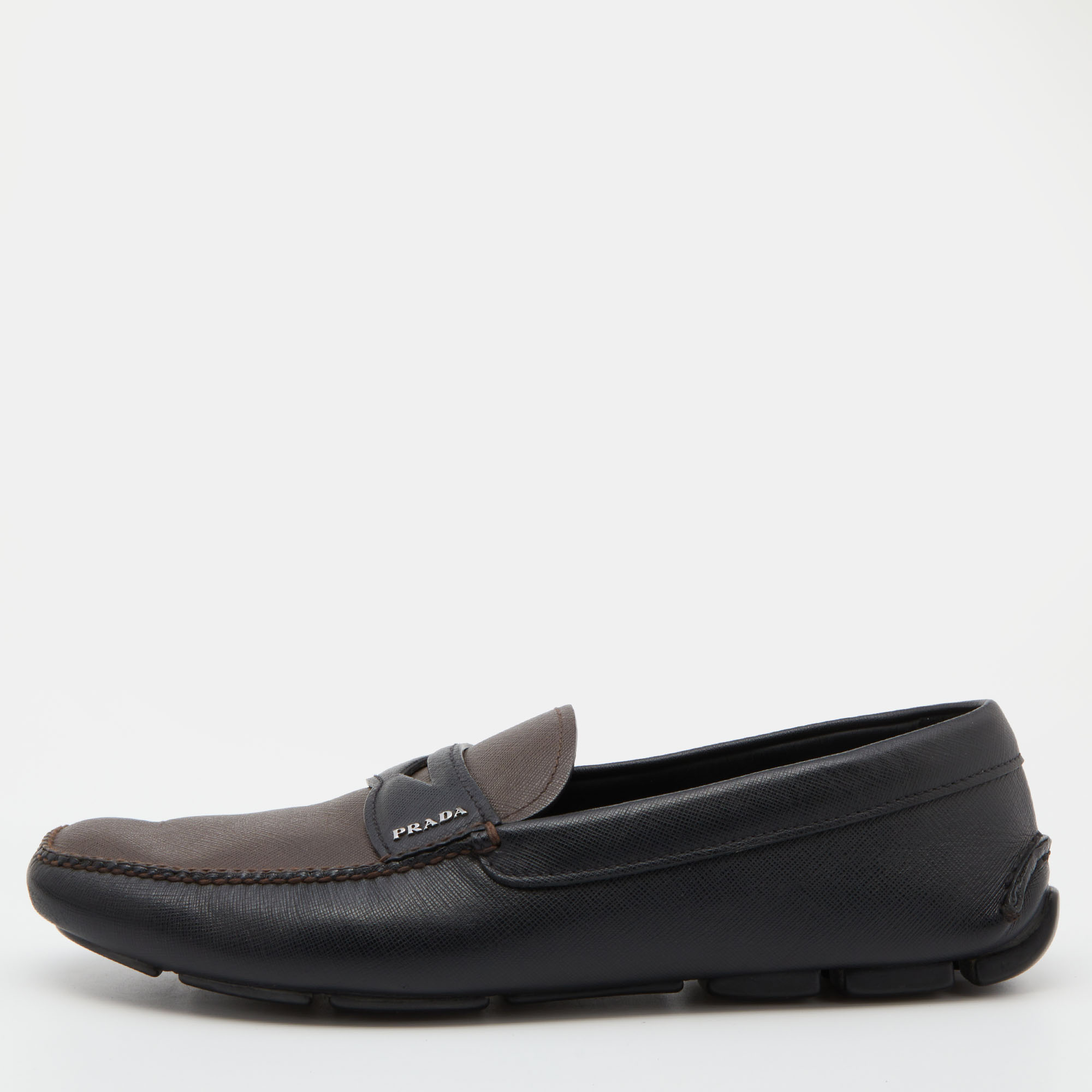 Pre-owned Prada Black/brown Saffiano Leather Driving Slip On Loafers Size 45