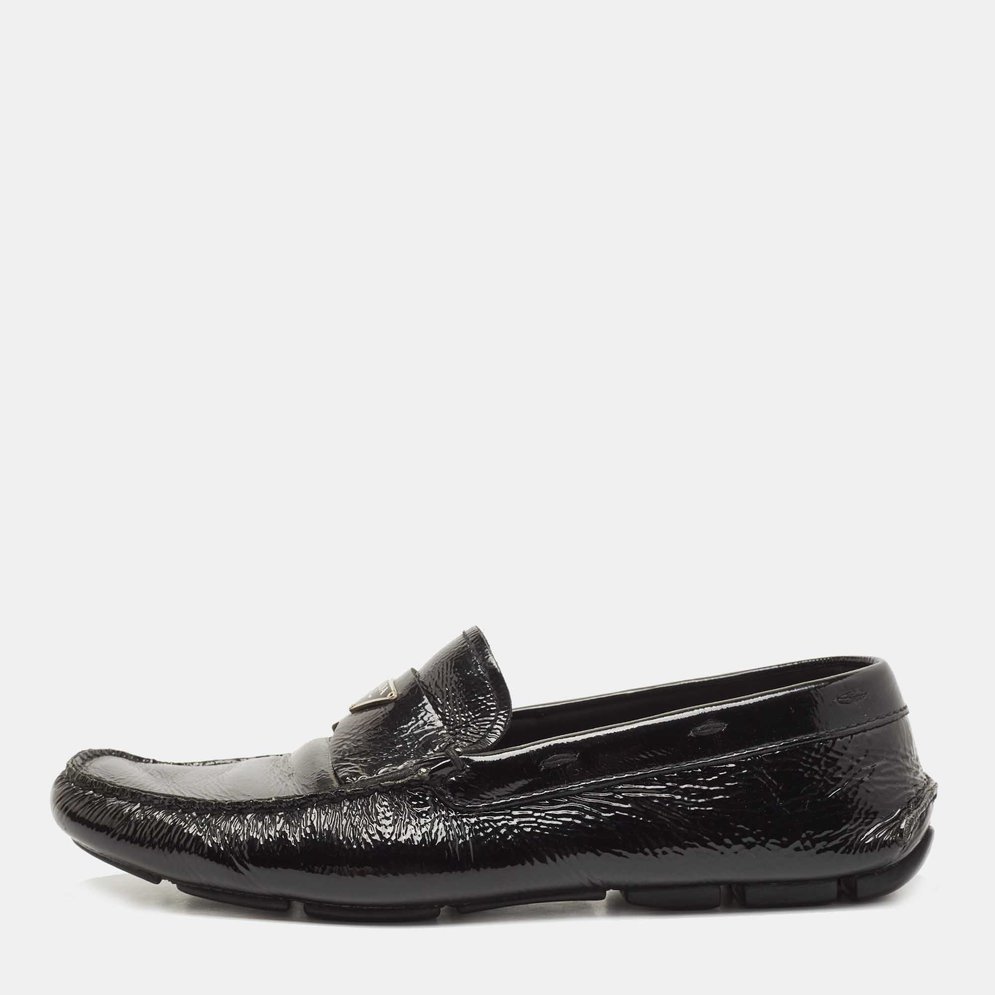 Pre-owned Prada Black Patent Leather Logo Slip On Loafers Size 41.5