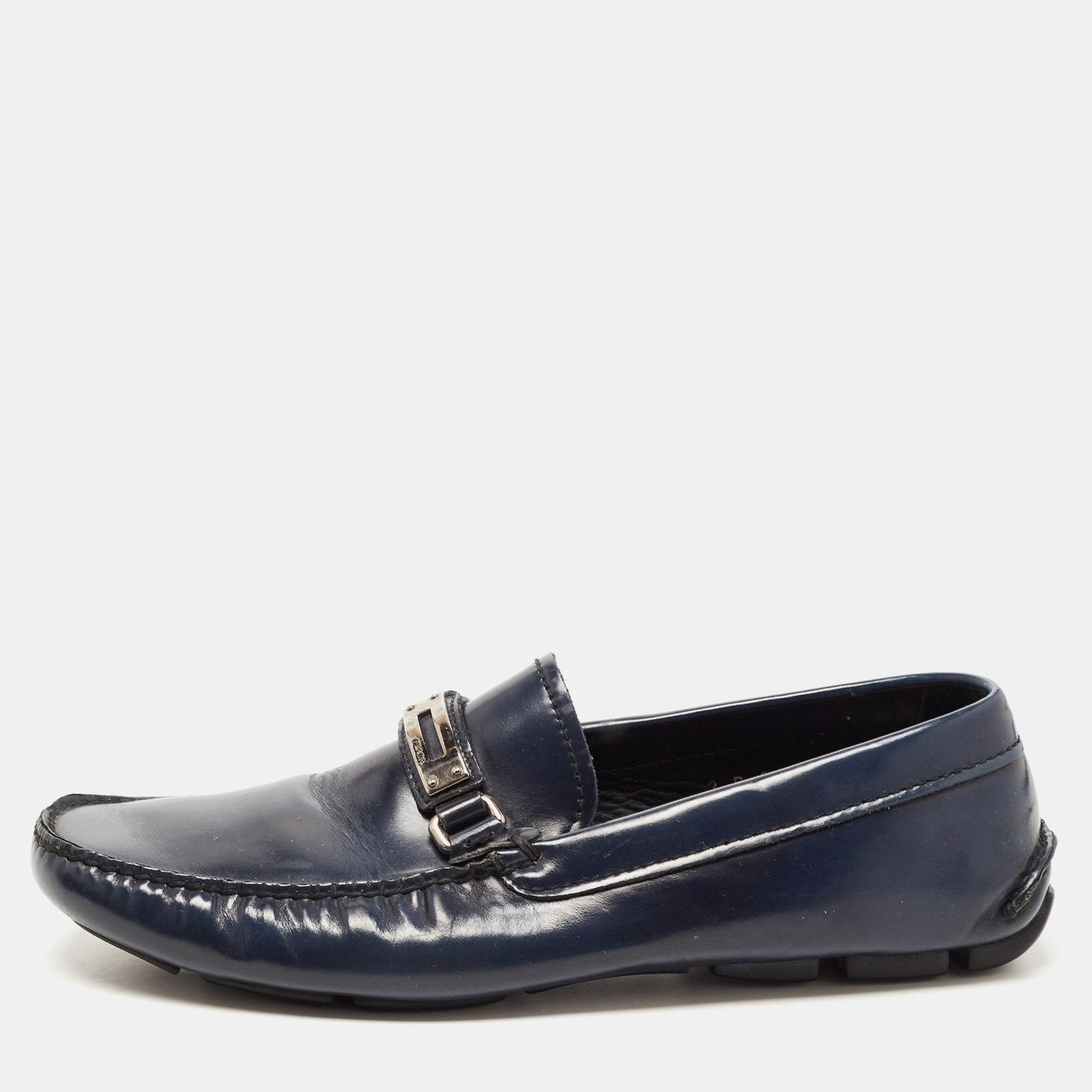 Pre-owned Prada Navy Blue Leather Slip On Loafers Sie 41.5