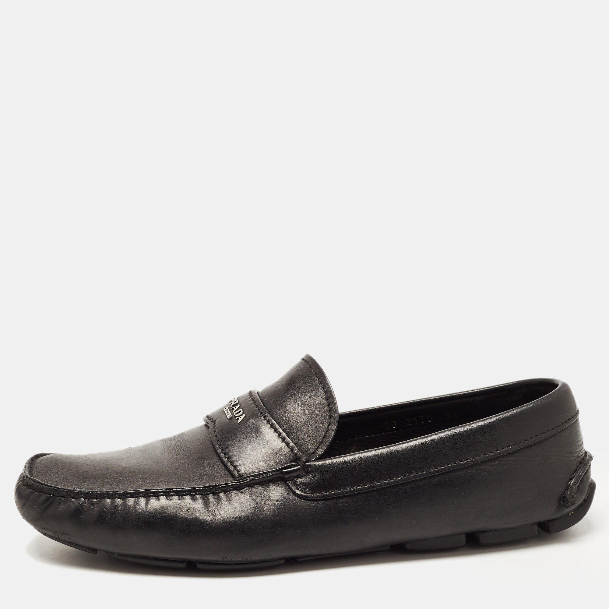 Pre-owned Prada Black Leather Slip On Loafers Size 43.5