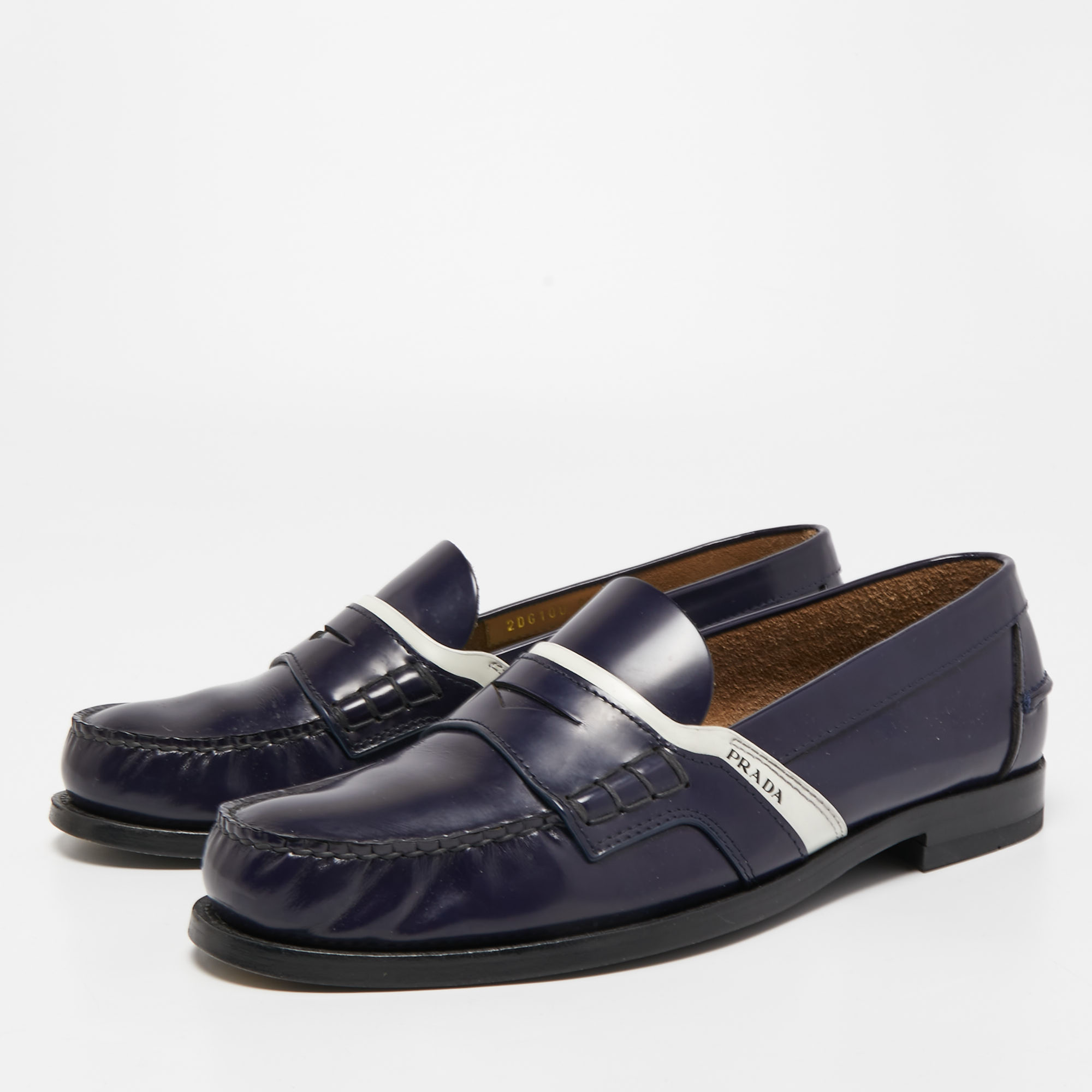 

Prada Blue/White Leather Slip on Loafers Size