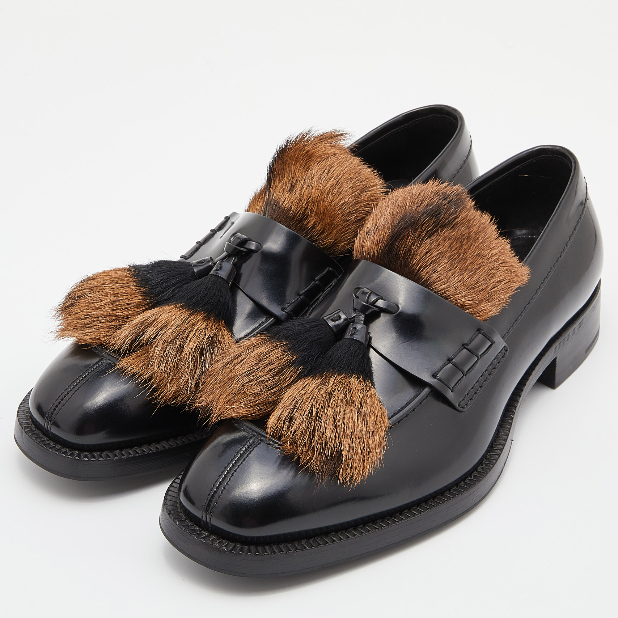 

Prada Black Leather and Calf Hair Tassel Slip on Loafers Size