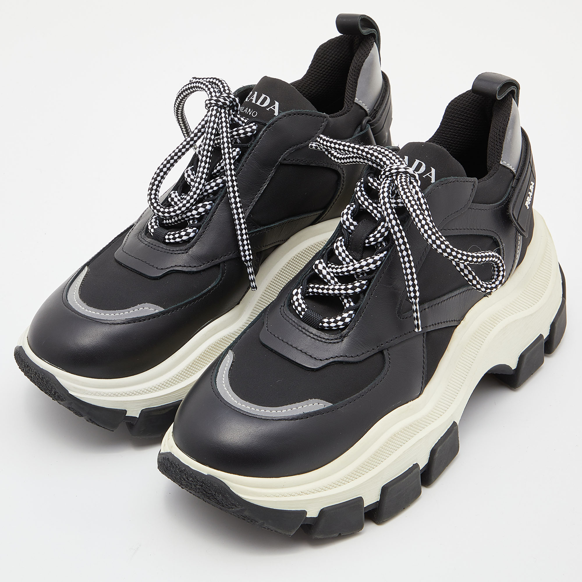 

Prada Black/Grey Leather and Fabric Low Top Sneakers Size