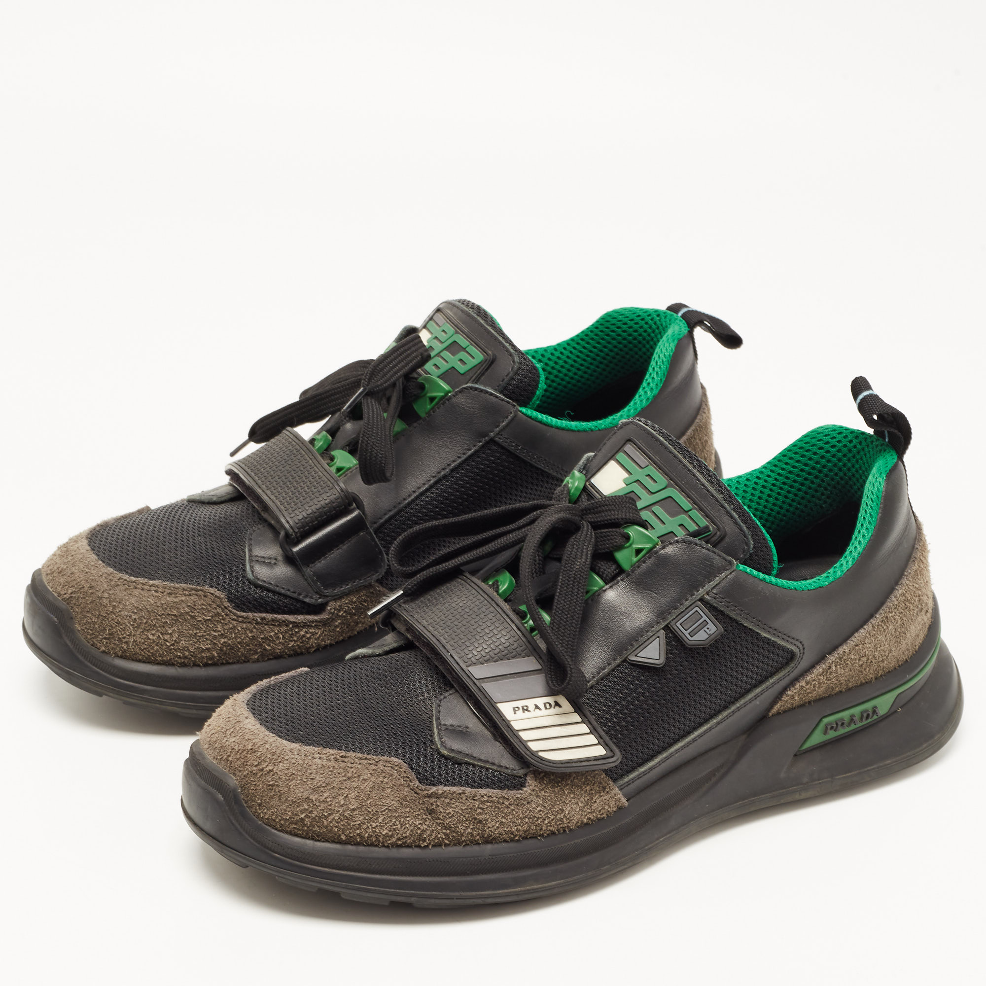 

Prada Black/Green Leather and Mesh Mechano Sneakers Size