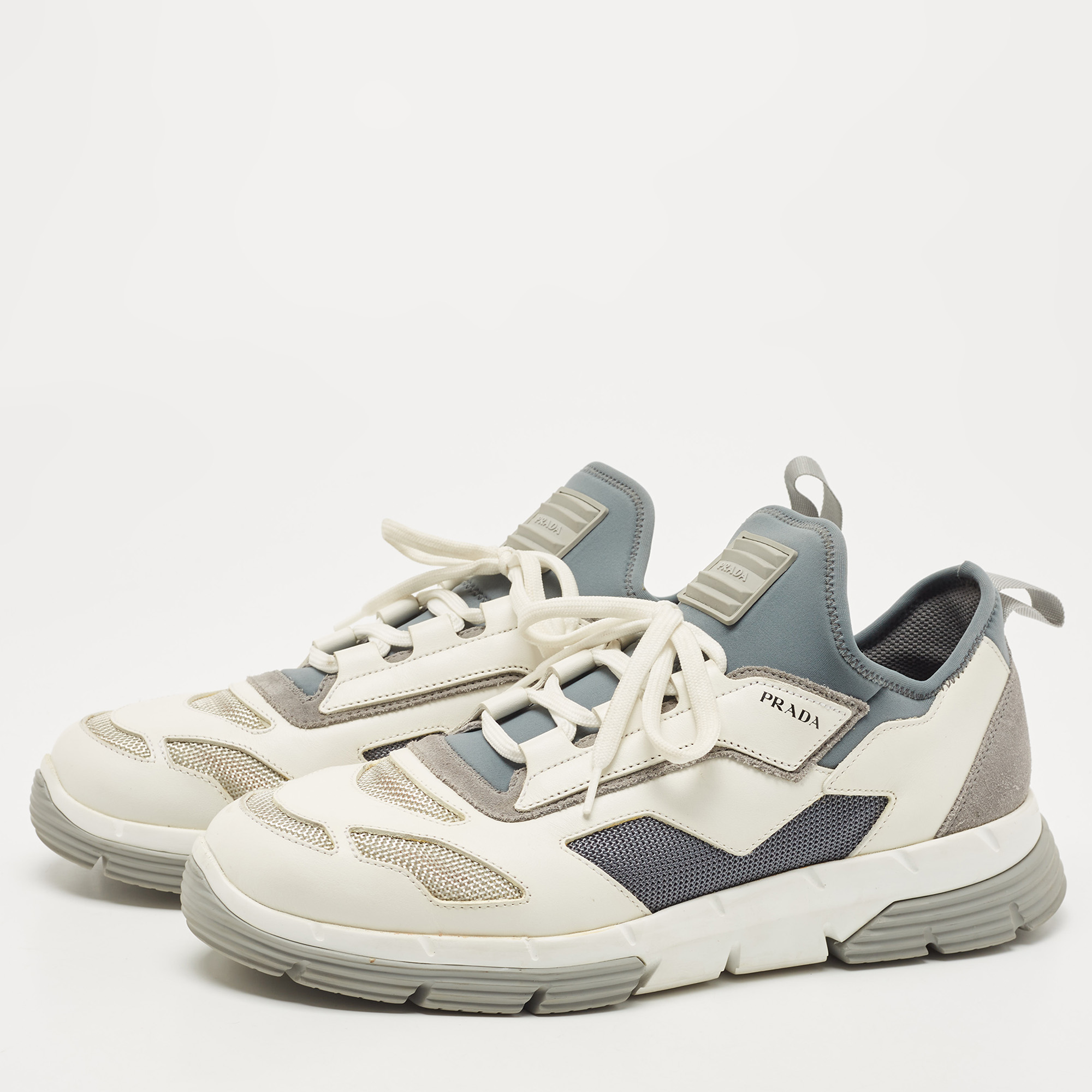 

Prada White/Grey Leather and Mesh Low Top Sneakers Size