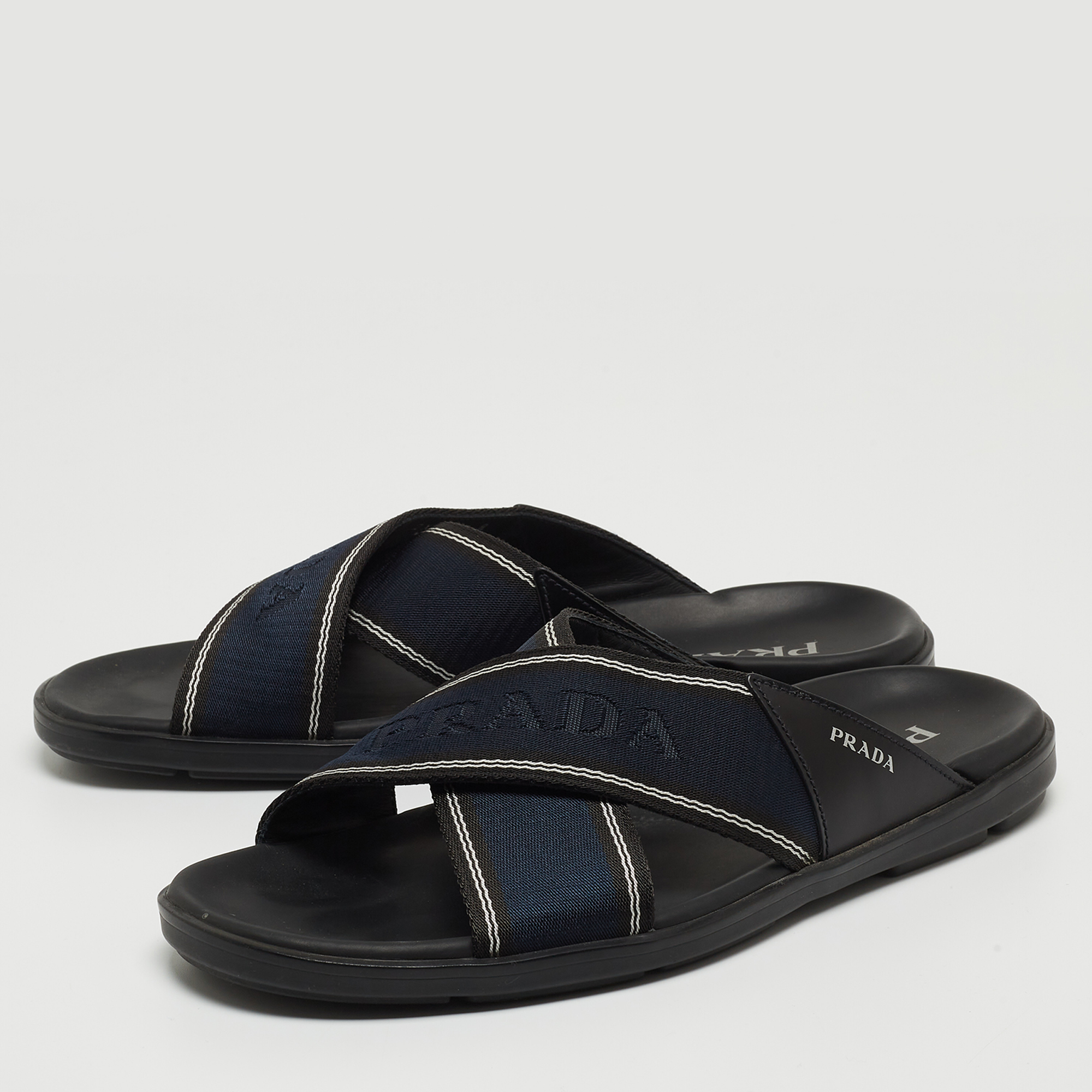 

Prada Blue/Black Leather and Fabric Logo Tape Crisscross Slide Sandals Size