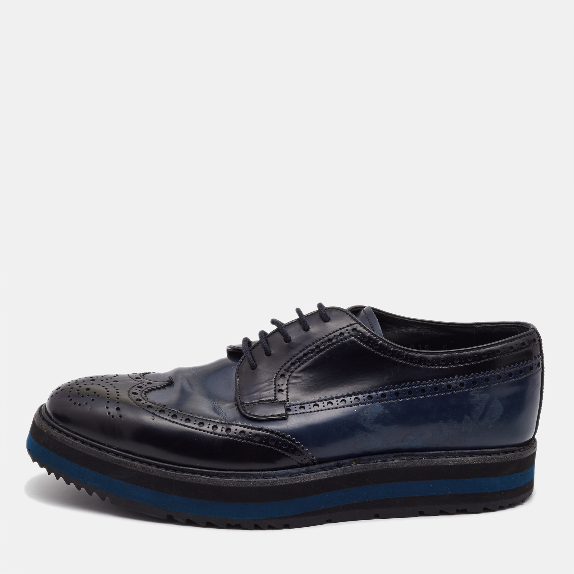 

Prada Black/Navy Blue Patent Leather Brogue Oxford Sneakers Size 39