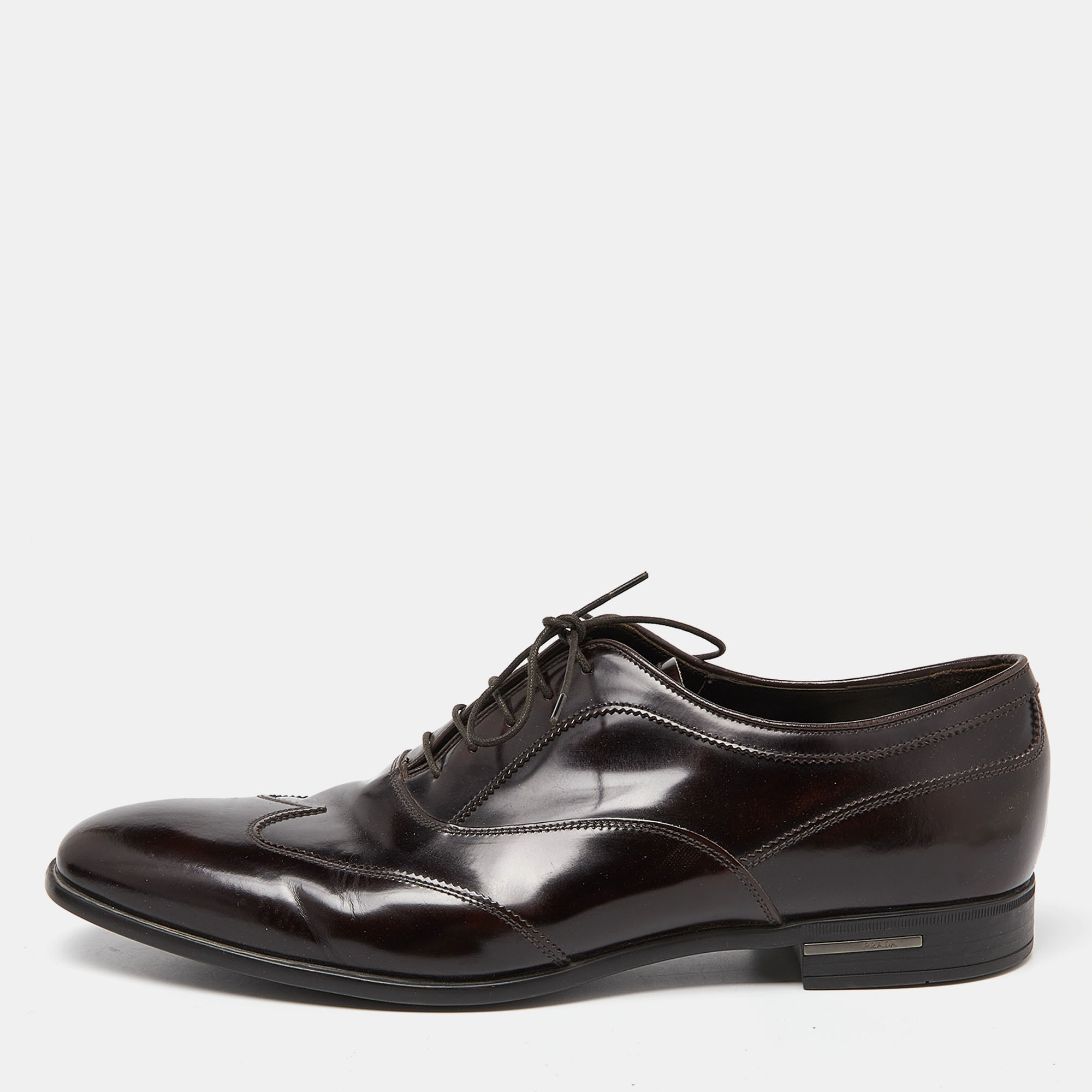 Pre-owned Prada Brown Patent Leather Lace Up Oxfords Size 43.5