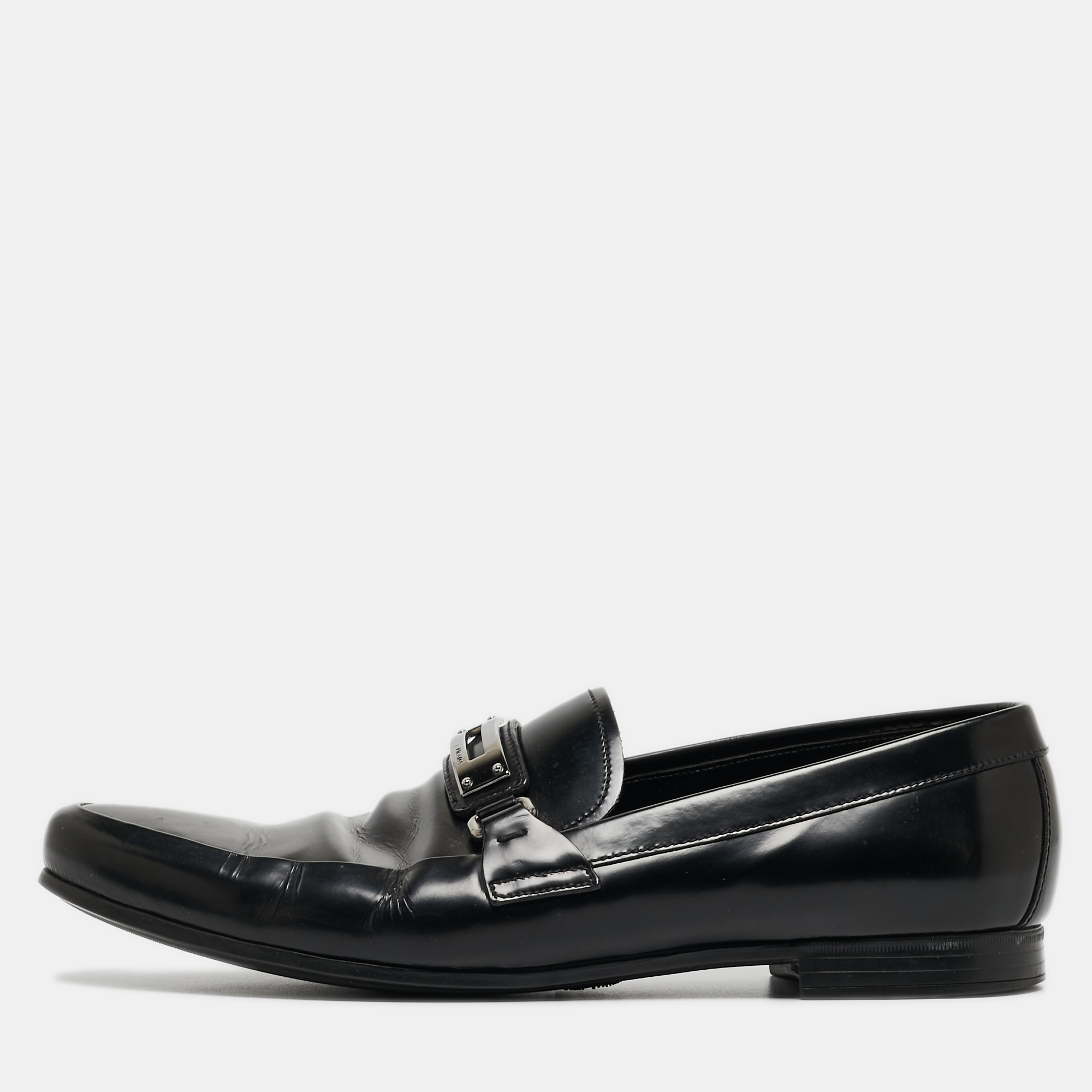 Pre-owned Prada Black Patent Leather Buckle Detail Loafers Size 42.5