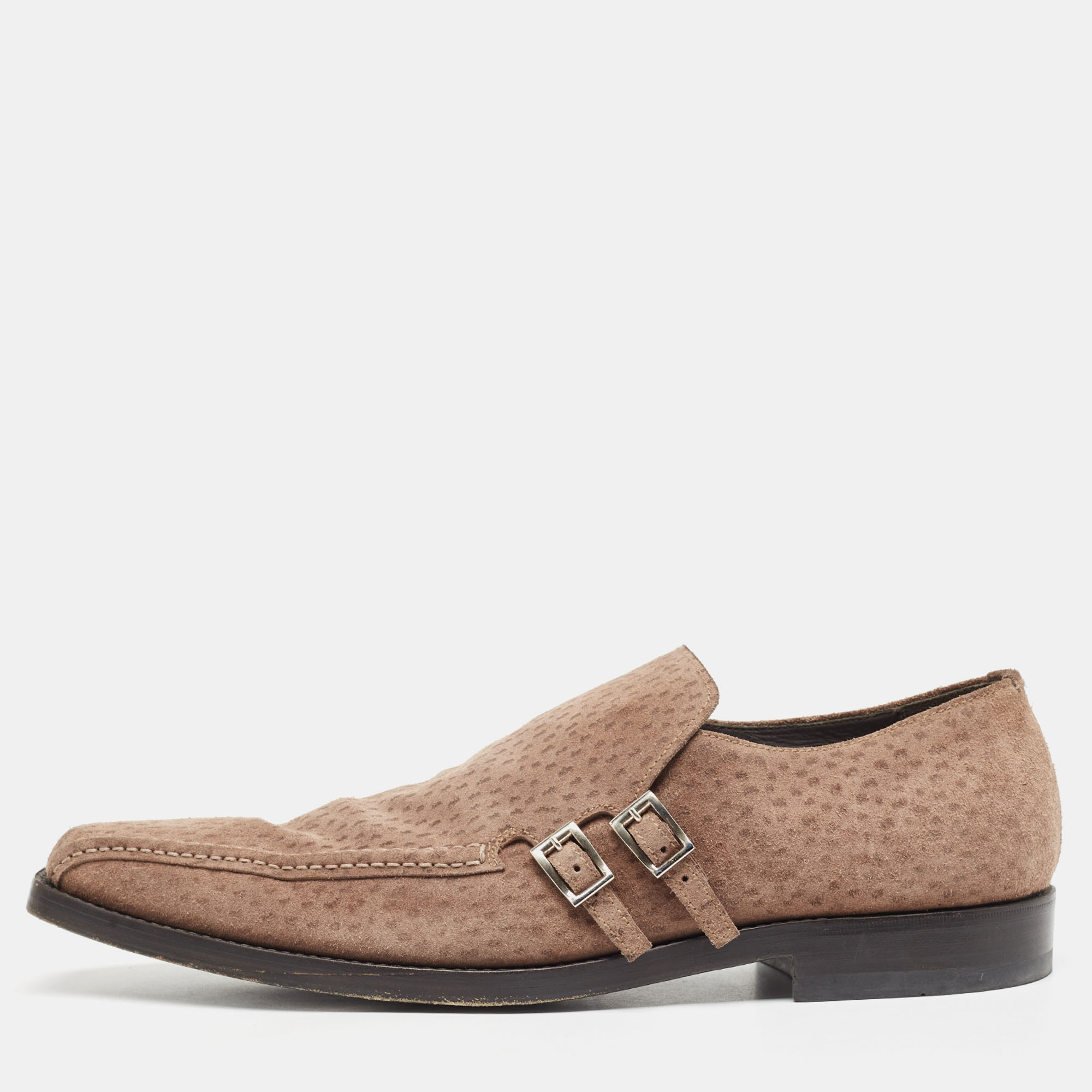 

Prada Brown Textured Suede Monk Strap Loafers Size