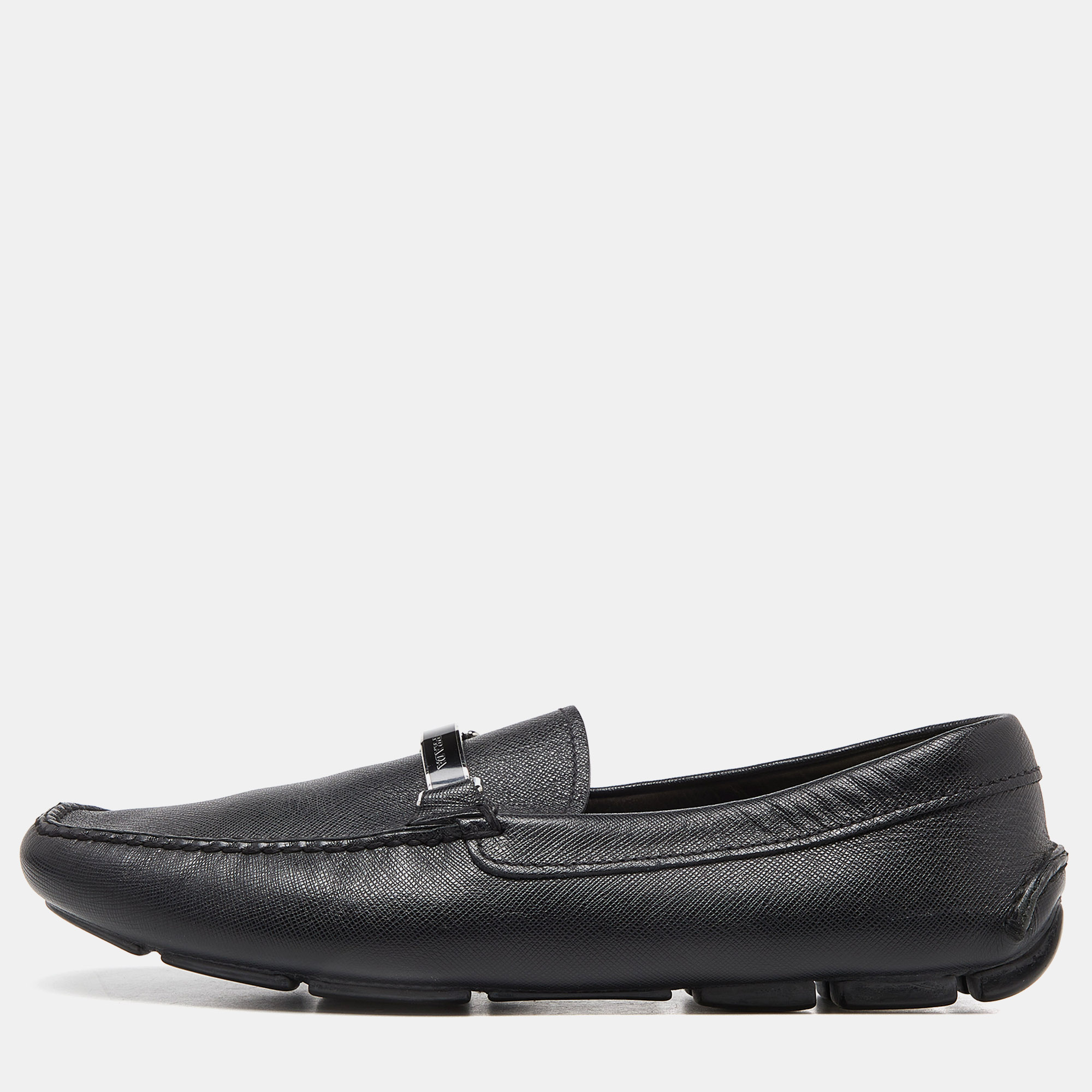 Pre-owned Prada Black Leather Slip On Loafers Size 42.5