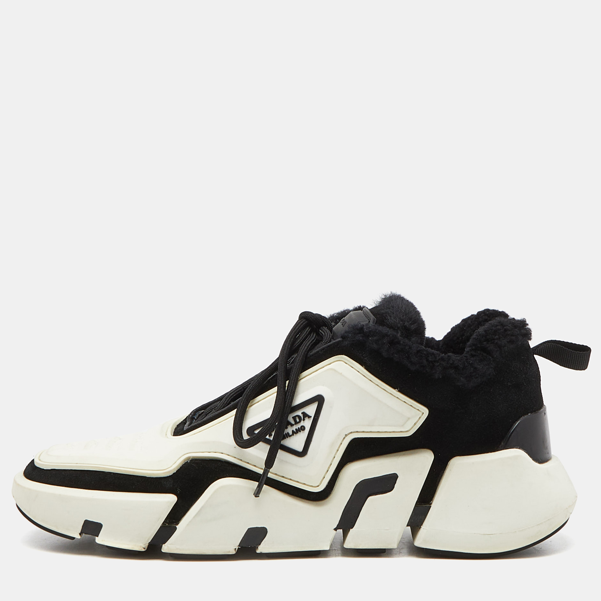 

Prada Black/White Rubber and Suede Low Top Sneakers Size