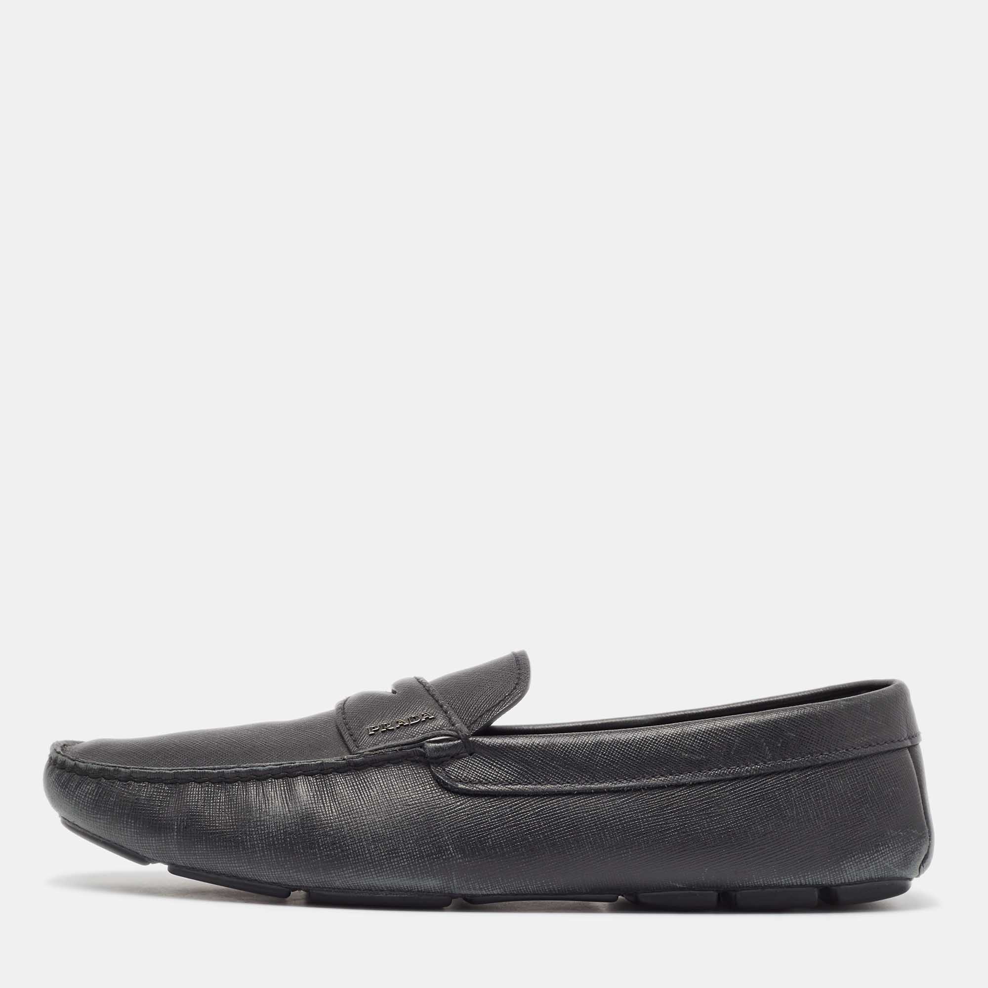 Pre-owned Prada Black Leather Slip On Loafers Size 46