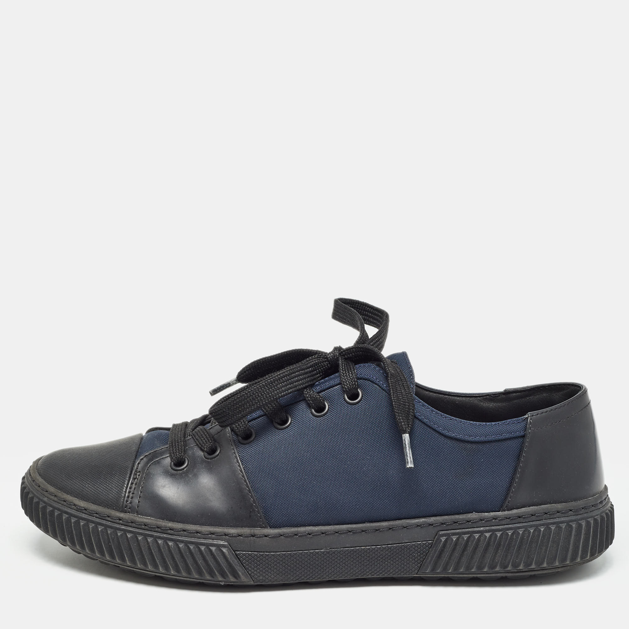 

Prada Black/Blue Leather and Canvas Low Top Sneakers Size 42