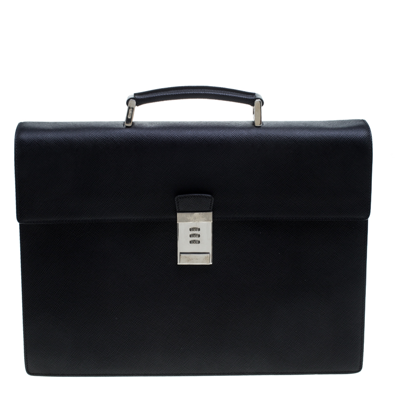 Prada Black Saffiano Cuir Leather Briefcase