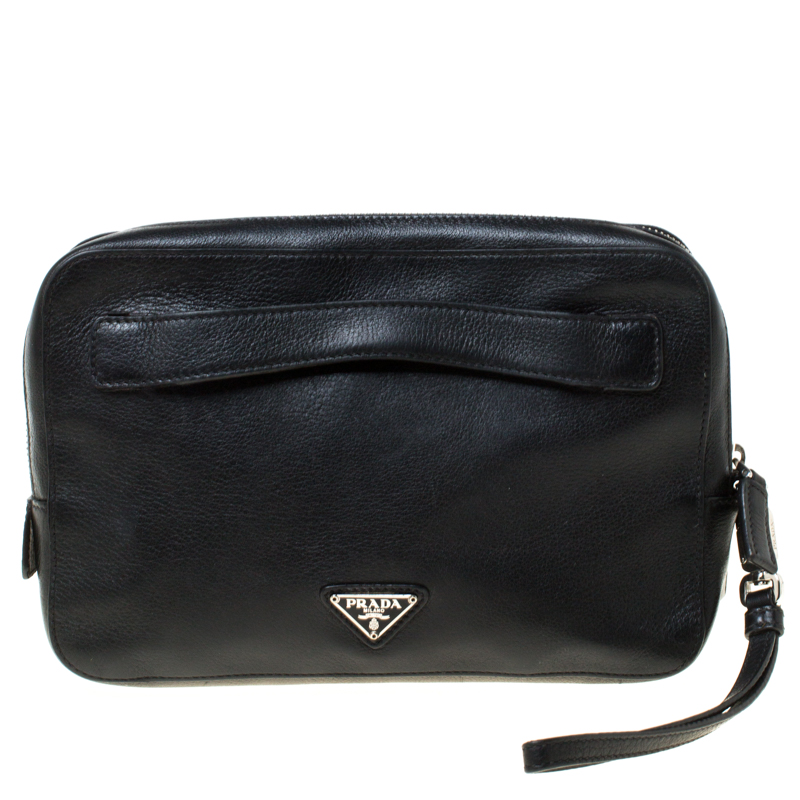 Pre Owned Prada Black Leather Travel Clutch