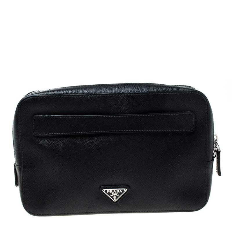 Pre Owned Prada Black Saffiano Leather Studded Travel Pouch