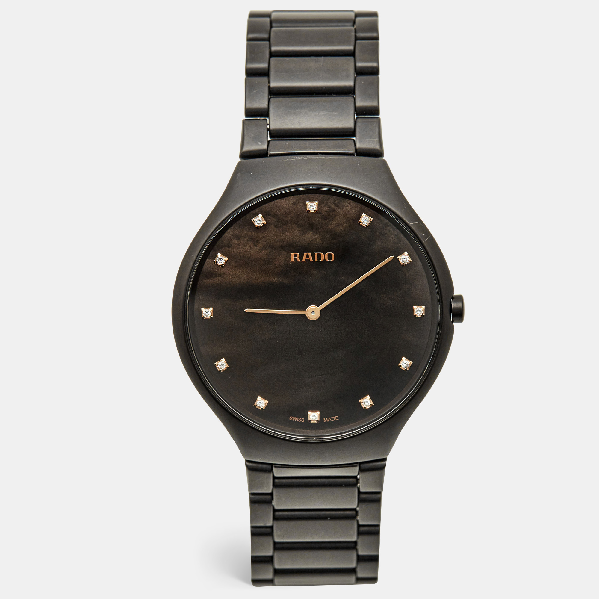 

Rado True Thinline R27011902 Brown Mother Of Pearl Dial Diamond High-Tech Ceramic Titanium Men's Wristwatch