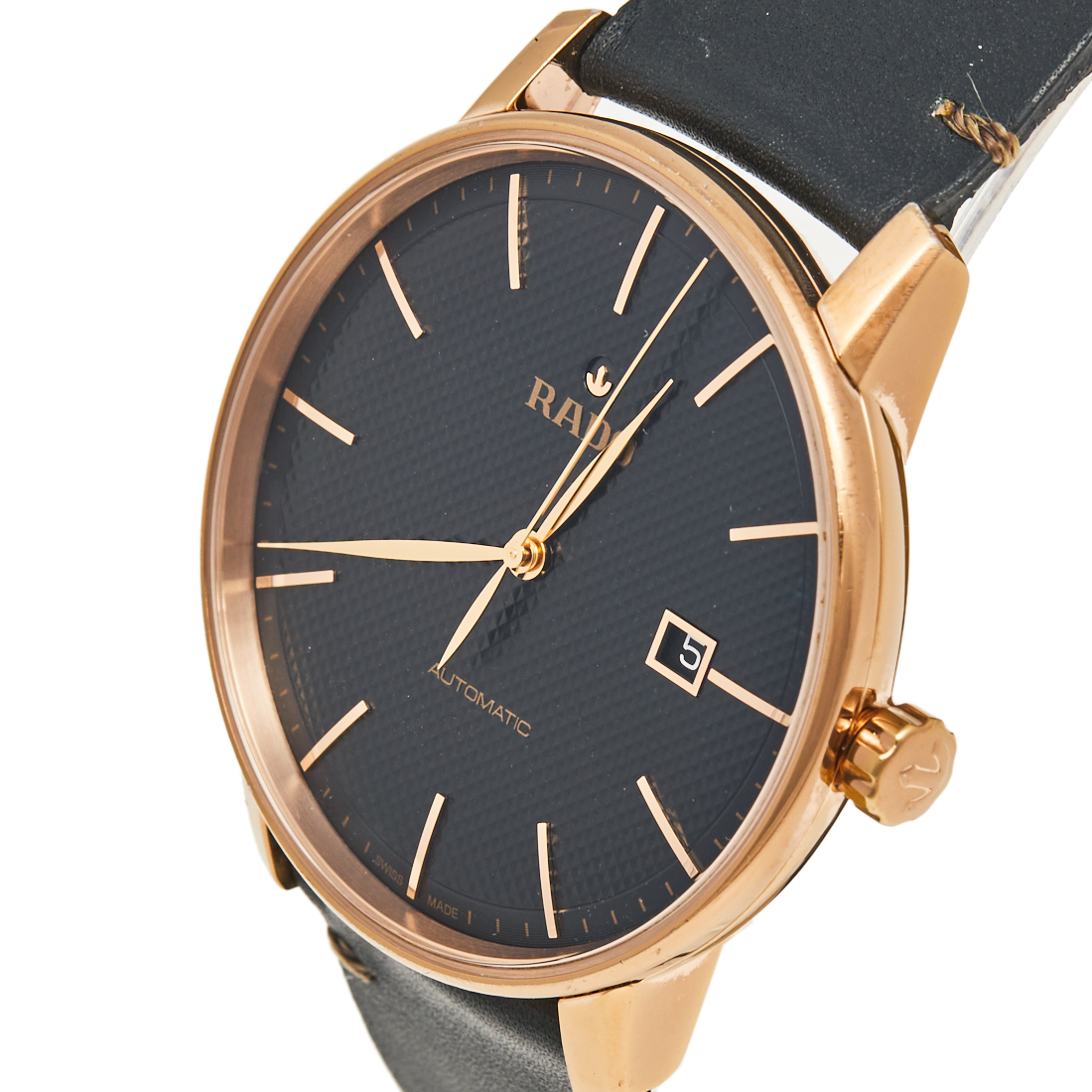 

Rado Black Rose Gold Plated Stainless Steel Leather Coupole R22877165 Men's Wristwatch