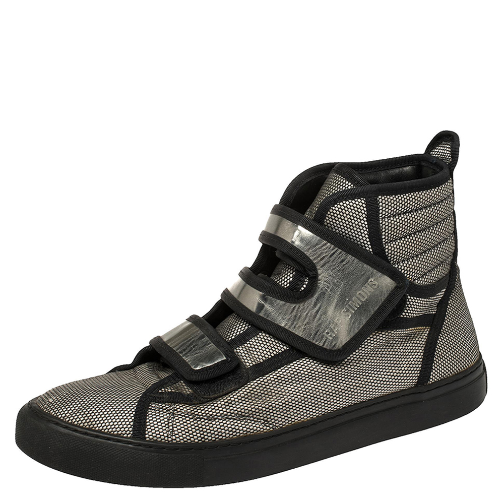 

Raf Simons Metallic Black/White Checkered Canvas Velcro Strap High Top Sneakers Size