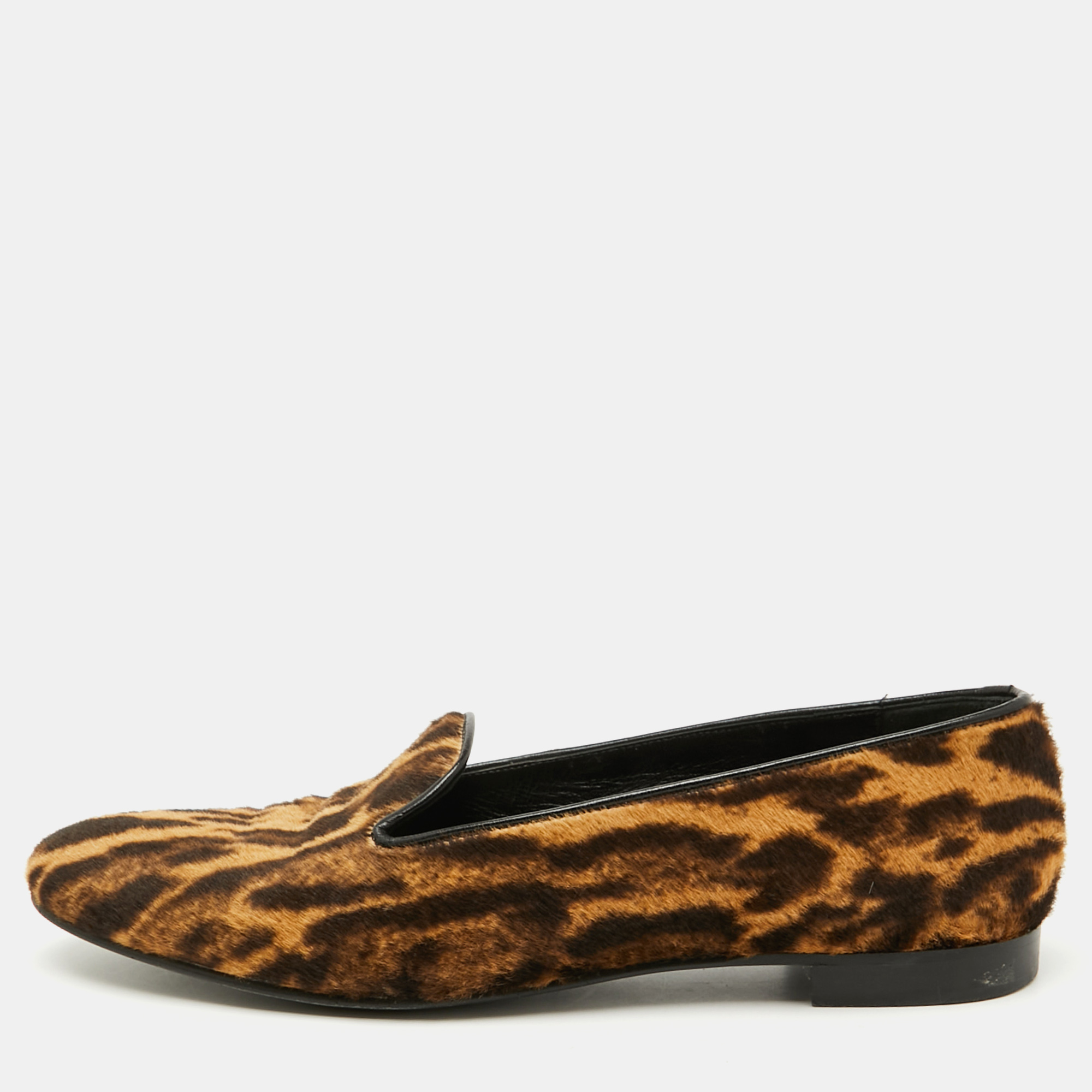 

Ralph Lauren Collection Brown Animal Print Calf Hair Slip On Smoking Slippers Size 45