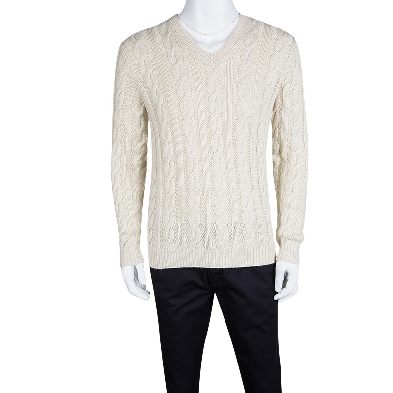 

Ralph Lauren Cream Cable Handknit V Neck Sweater