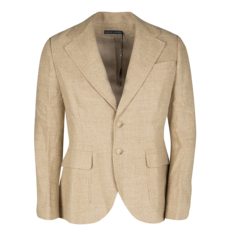 Pre Owned Ralph Lauren Beige Herringbone Weave Linen Blend Two Button Blazer L