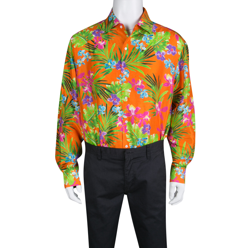 

Ralph Lauren Orange Tropical Floral Print Button Front Silk Shirt