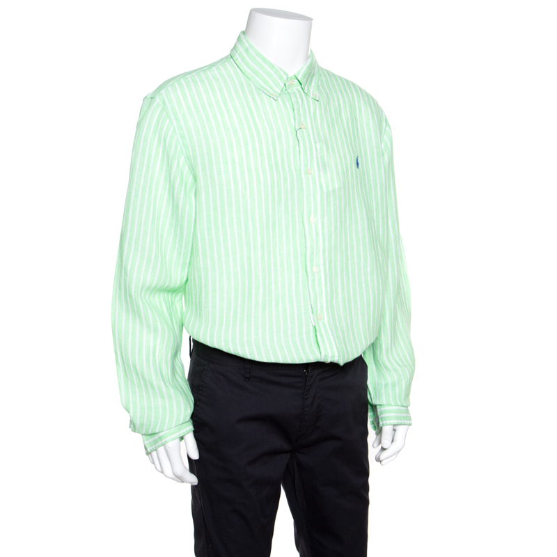 

Ralph Lauren Green and White Striped Ocean Wash Linen Logo Embroidered Shirt